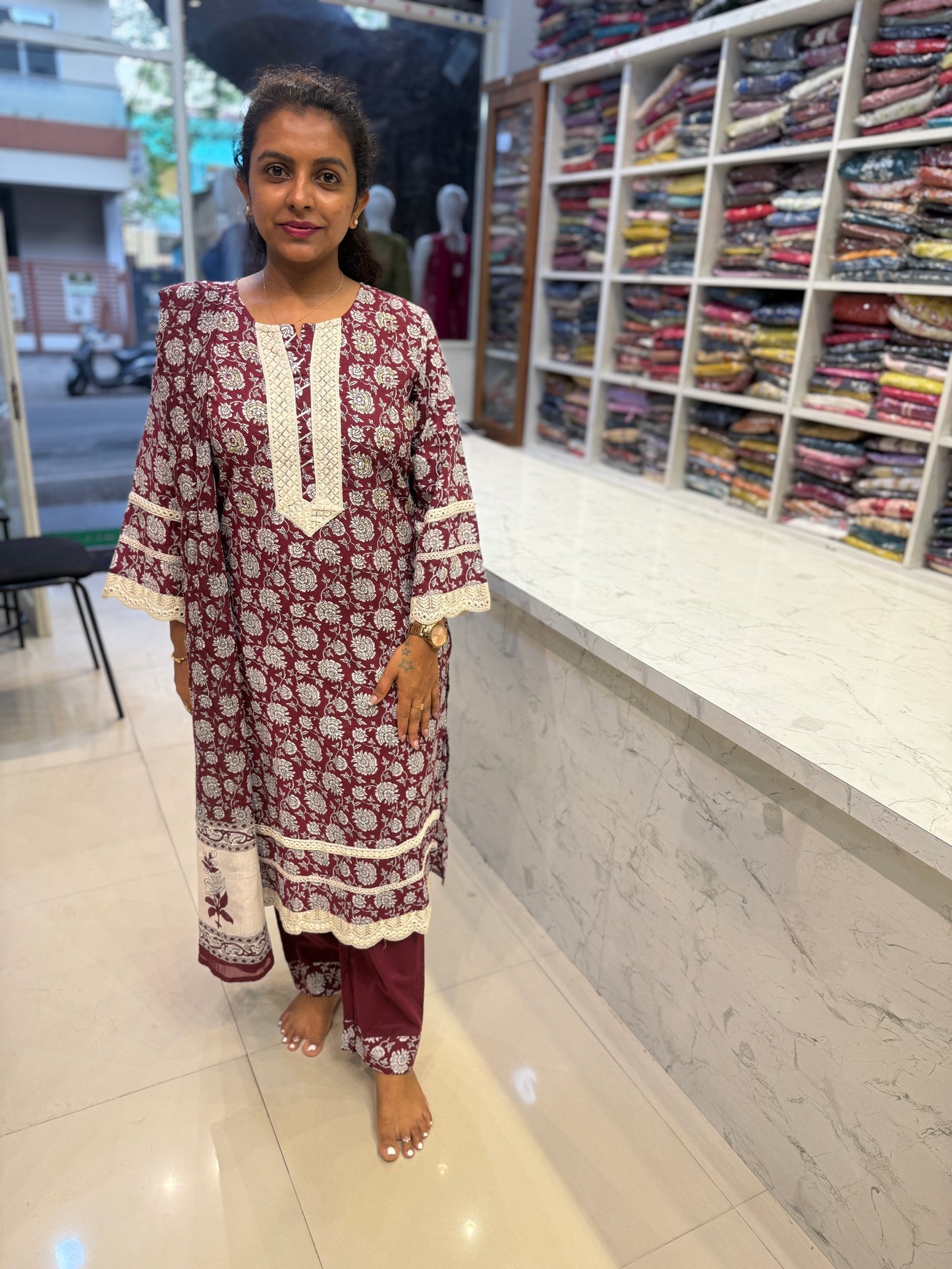 Printed Pure Cotton Kurti With Lace Detail Pant and Dupatta