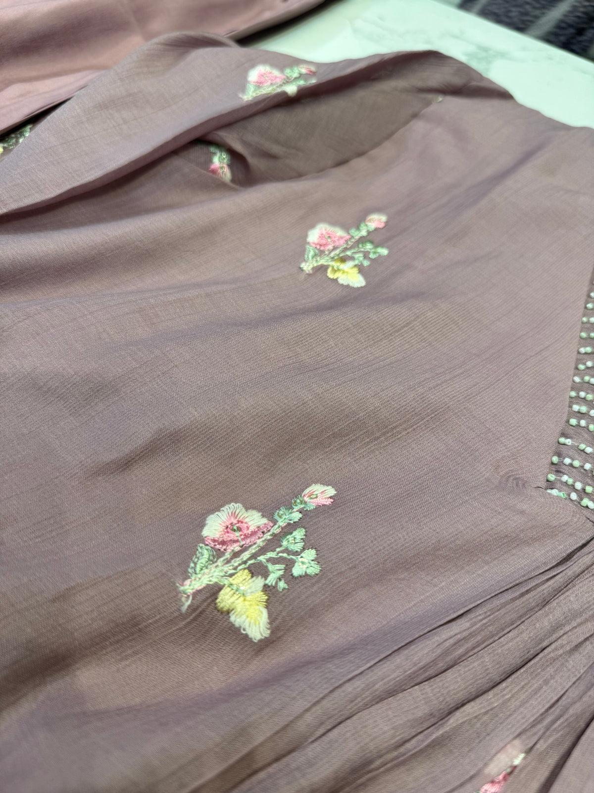 Peach Hand Embroidery Work Pure Silk Kurti With Pant and Dupatta - HSC1189