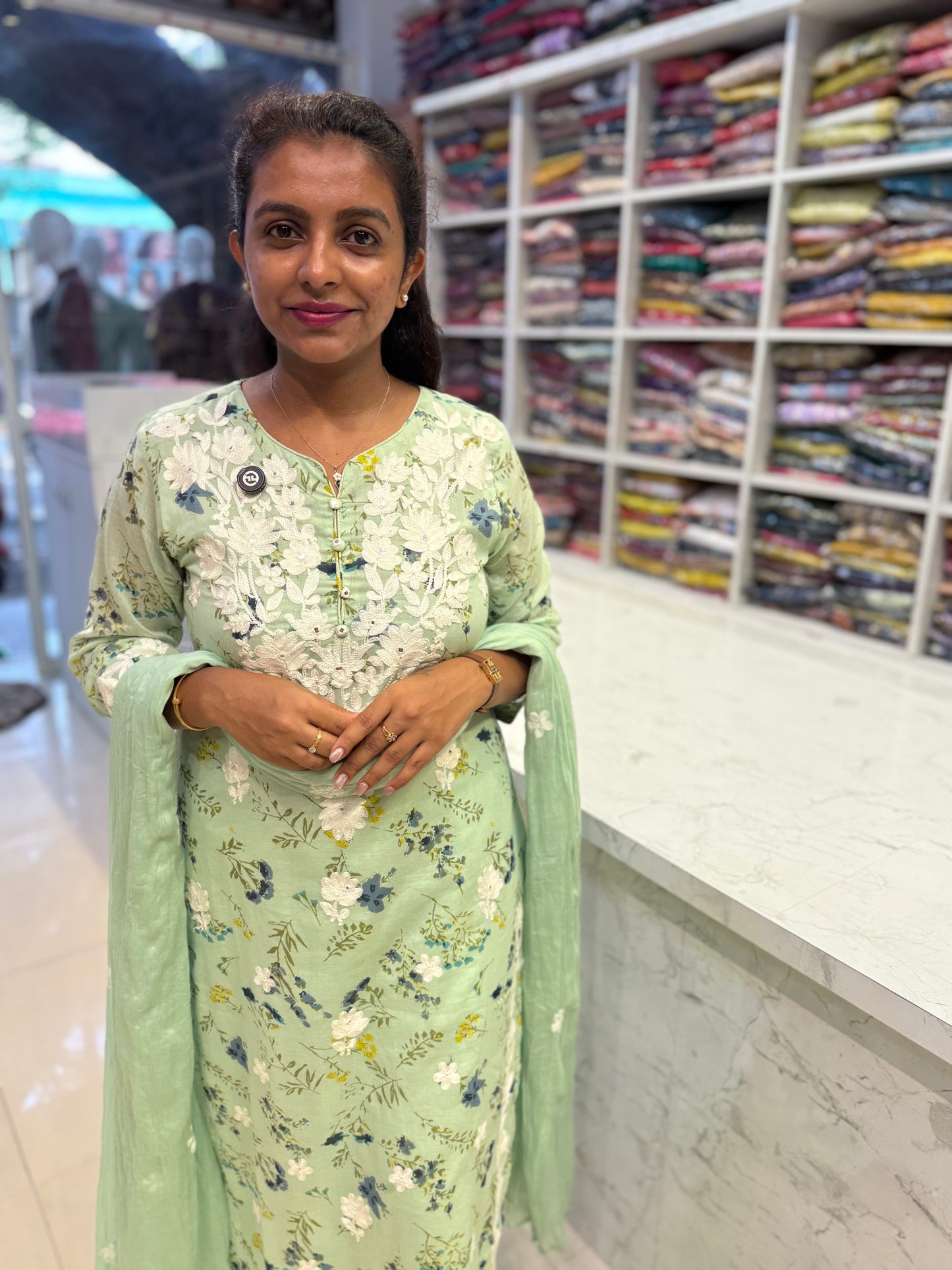 Mint Green Chikankari Mul Cotton Straight Kurta with Pant and Dupatta-HSC160