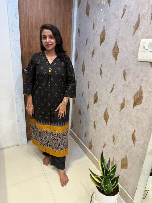 Black Ikkat Pure Cotton Kurti With Pant -HSC1326