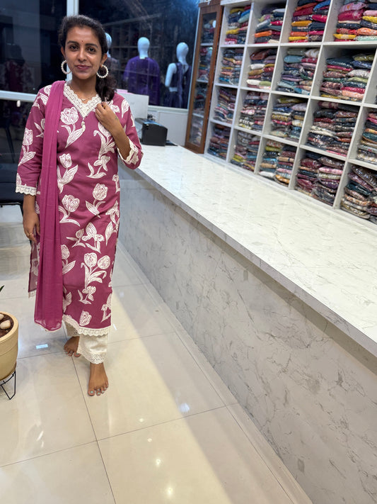 Pure Cotton Flex With Lace Details in Kurti with pant and Dupatta