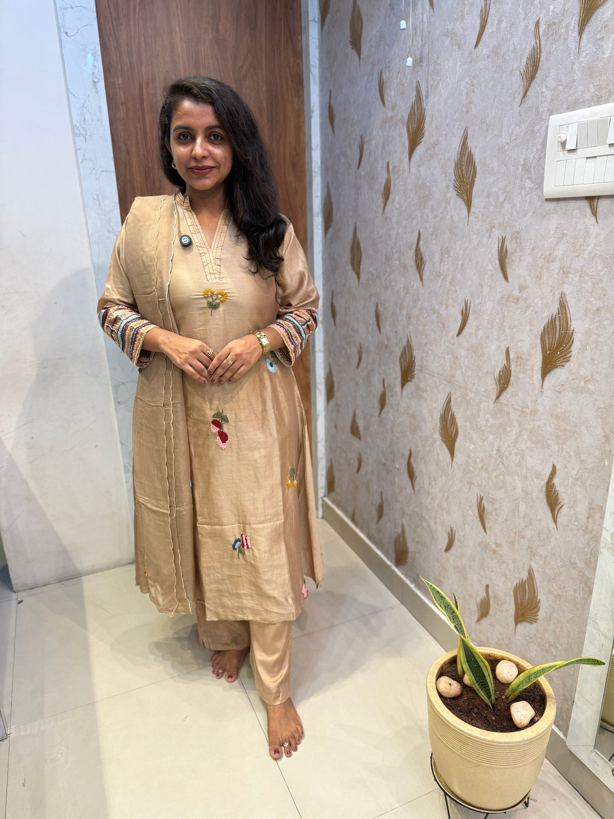 Thread Embroidery A-line Kurti With Pant and Scallop Cut Dupatta -HSC1215
