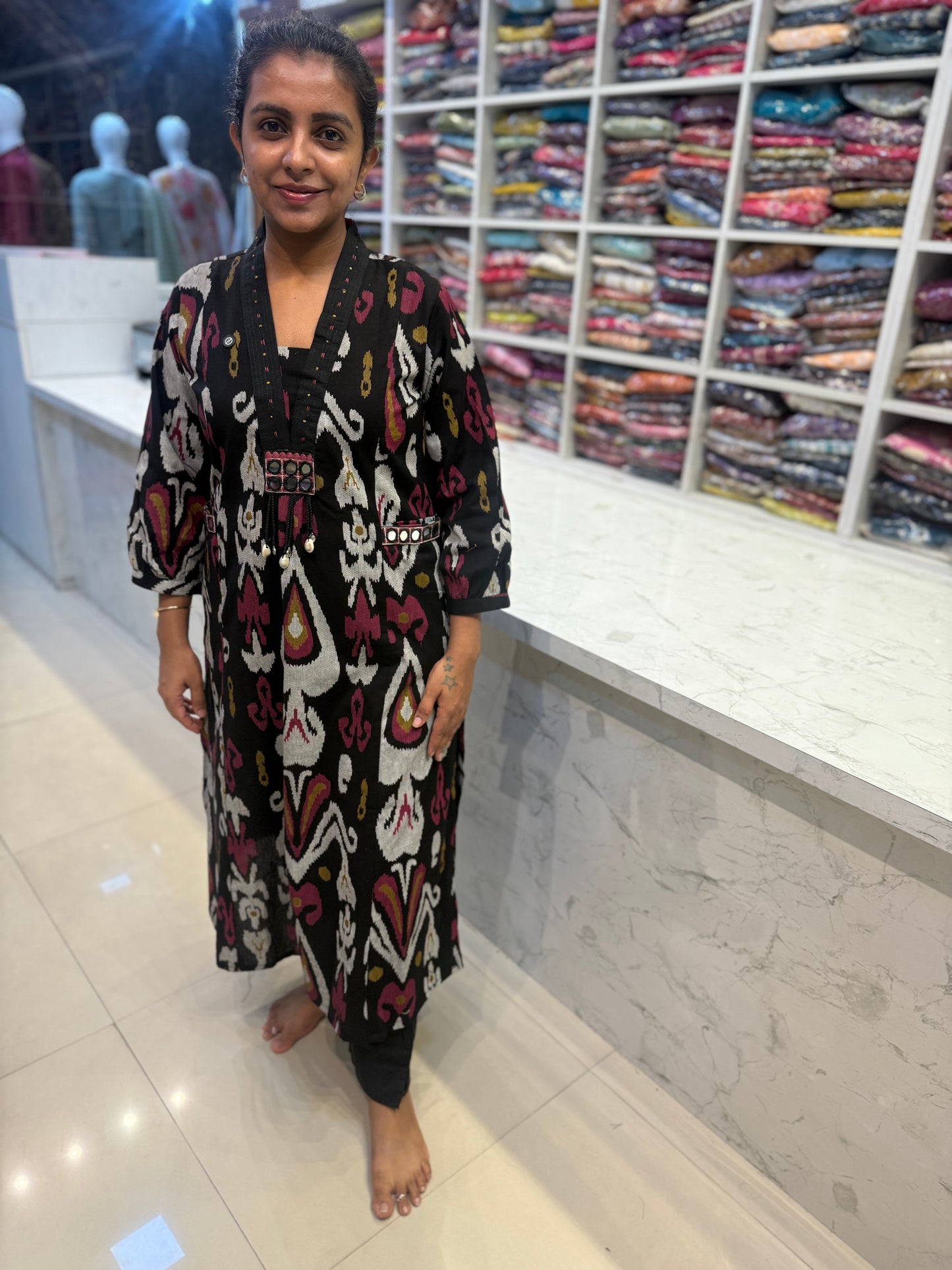 Two sides pockets Black Cotton Flex Ikkat Printed Kurti and Pant