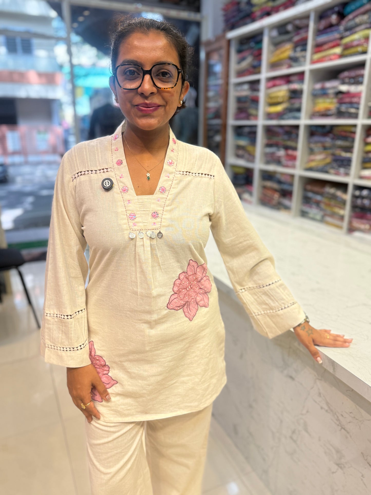 Applique Half White Cotton Flex Lave Co-ords set-HSC171