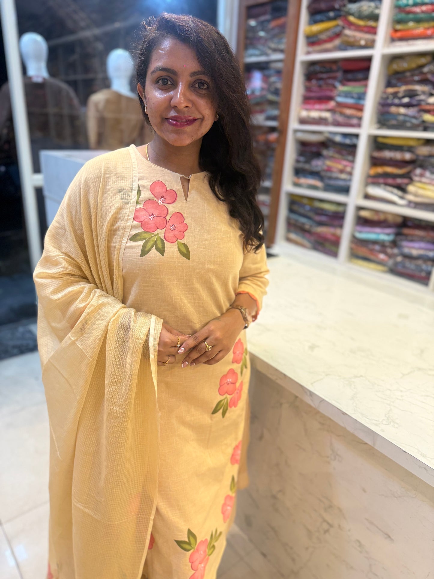 Hand Panited Beige Kurti With Pant and Dupatta-HSC115
