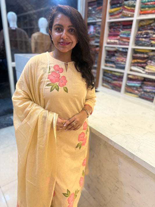 Hand Panited Beige Kurti With Pant and Dupatta-HSC115