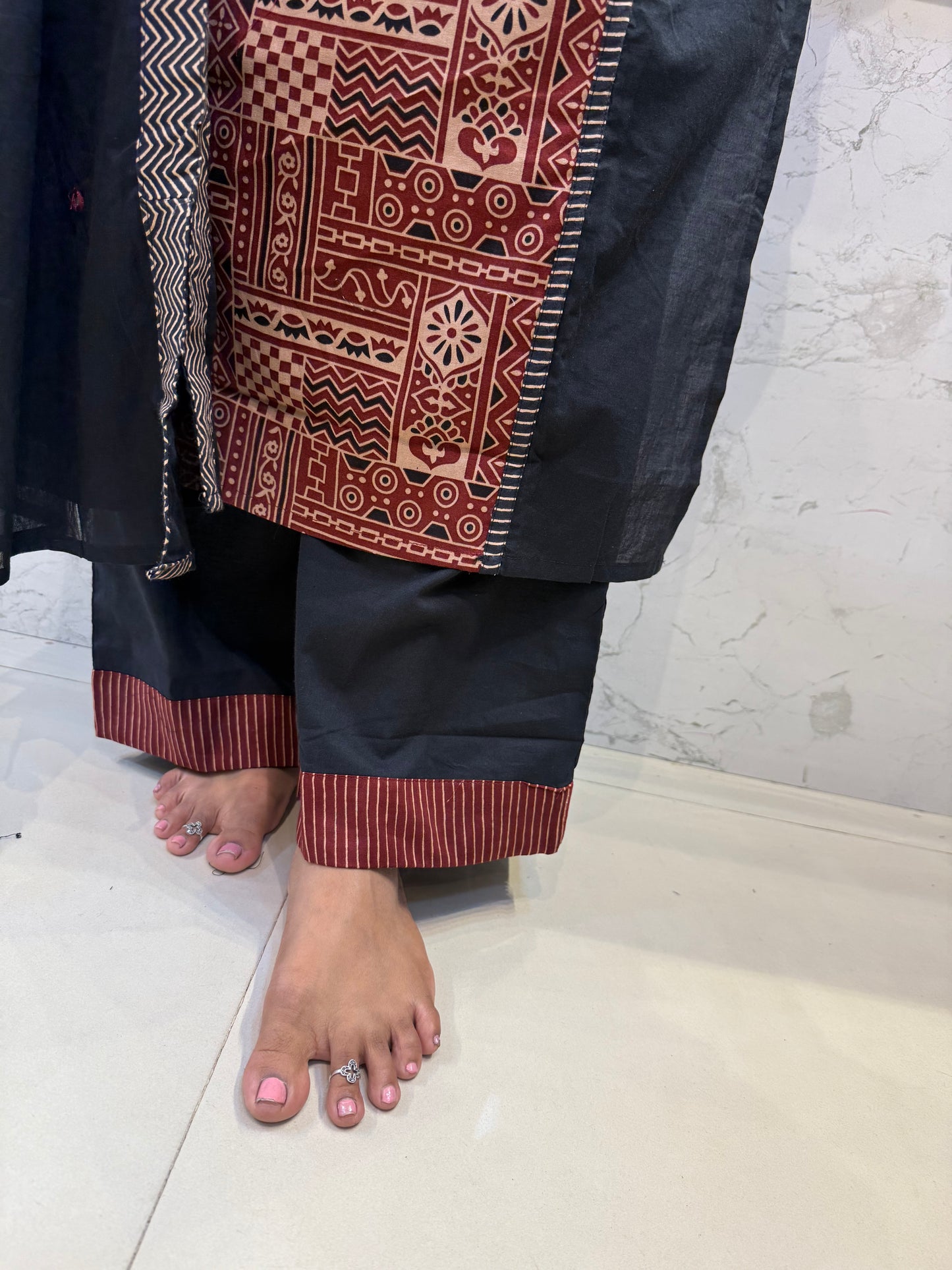 Pure Cotton Black Printed Kurti With Pant and Dupatta