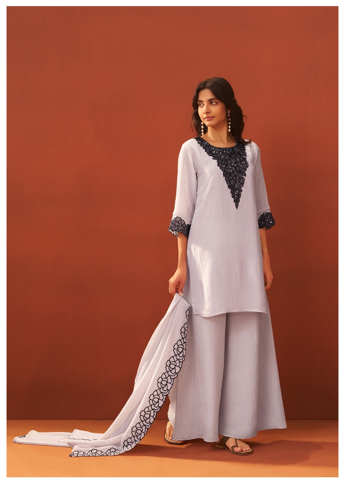 Shimmer Crush Thread Embroidery Kurti With Divider Pant with Scallop Dupatta-HSC155