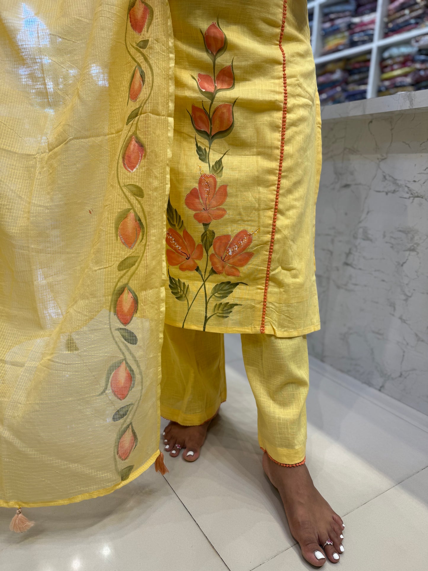 Hand Brush Painted Pure Cotton Kurti With Pant and Dupatta