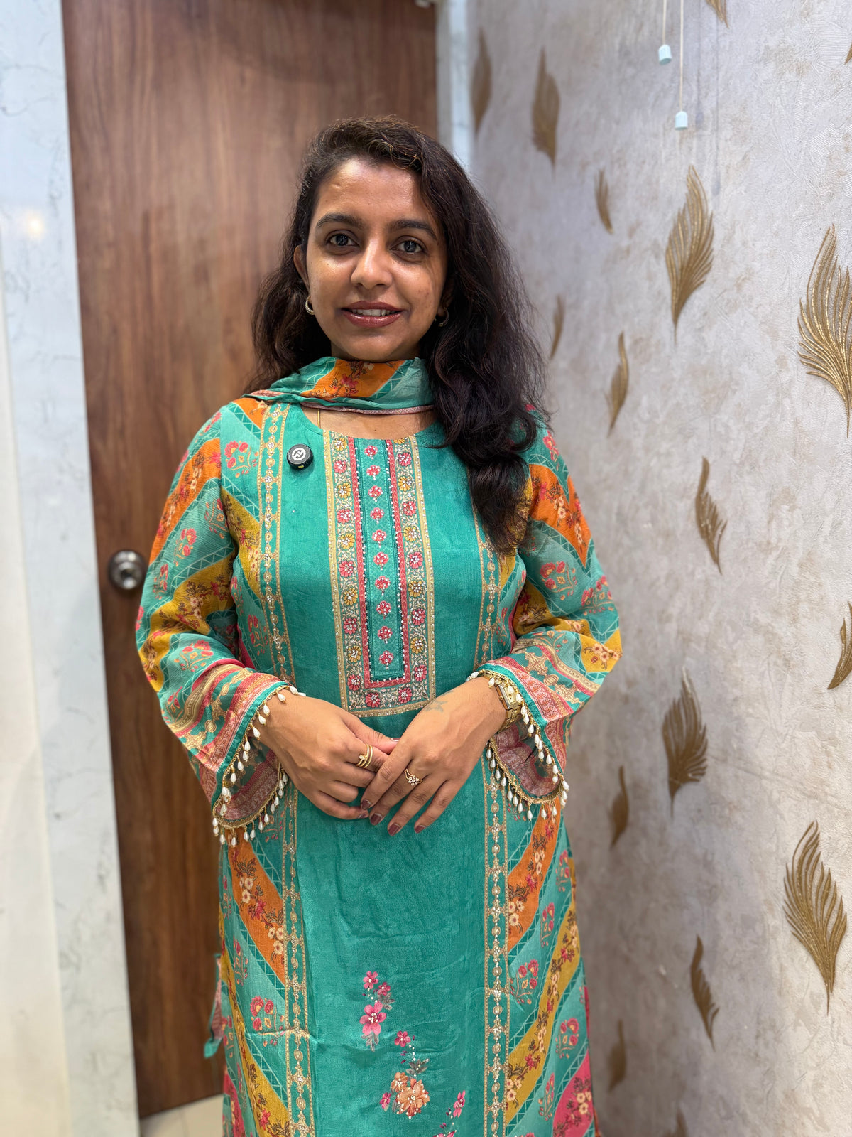 Digital Printed Pure Chinnon Beads Fishcut Kurti With Pant and Dupatta -HSC1231