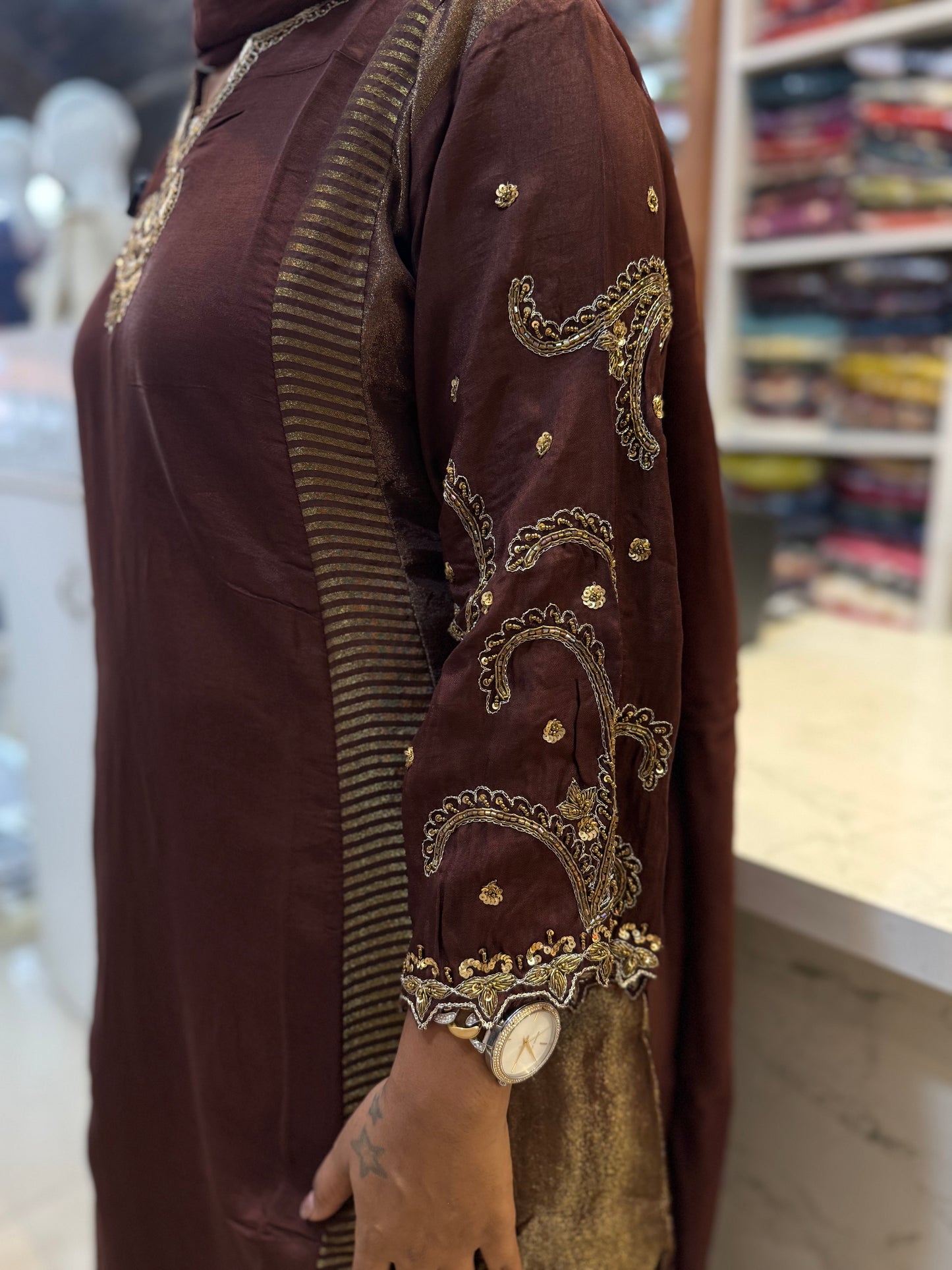 Brown Pure Banarasi Mul-Chanderi A-line Kurti With Pant and Dupatta