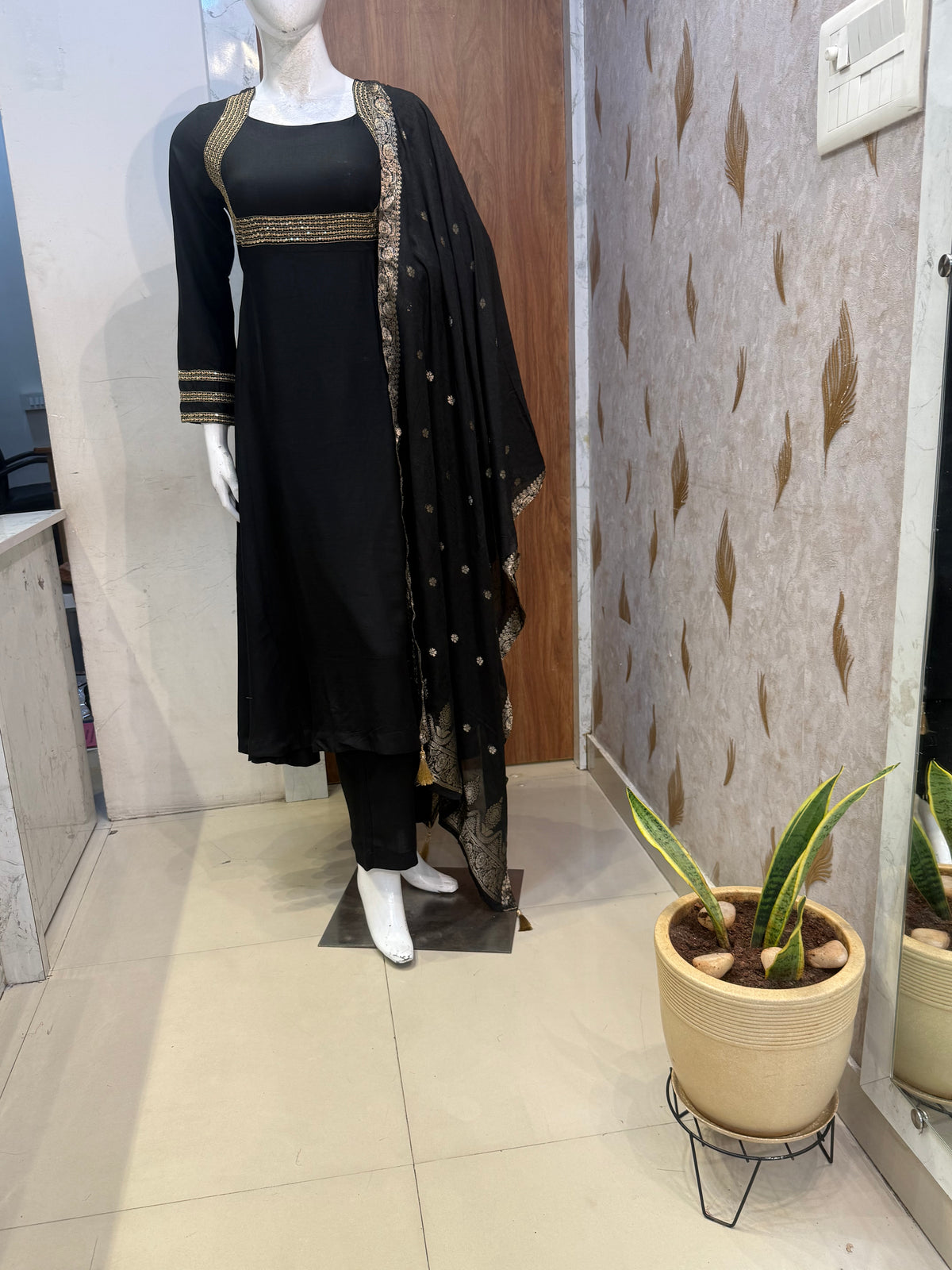 Free Earrings Black Anarkali Soft Rayon With Pant and Dupatta -HSC1201