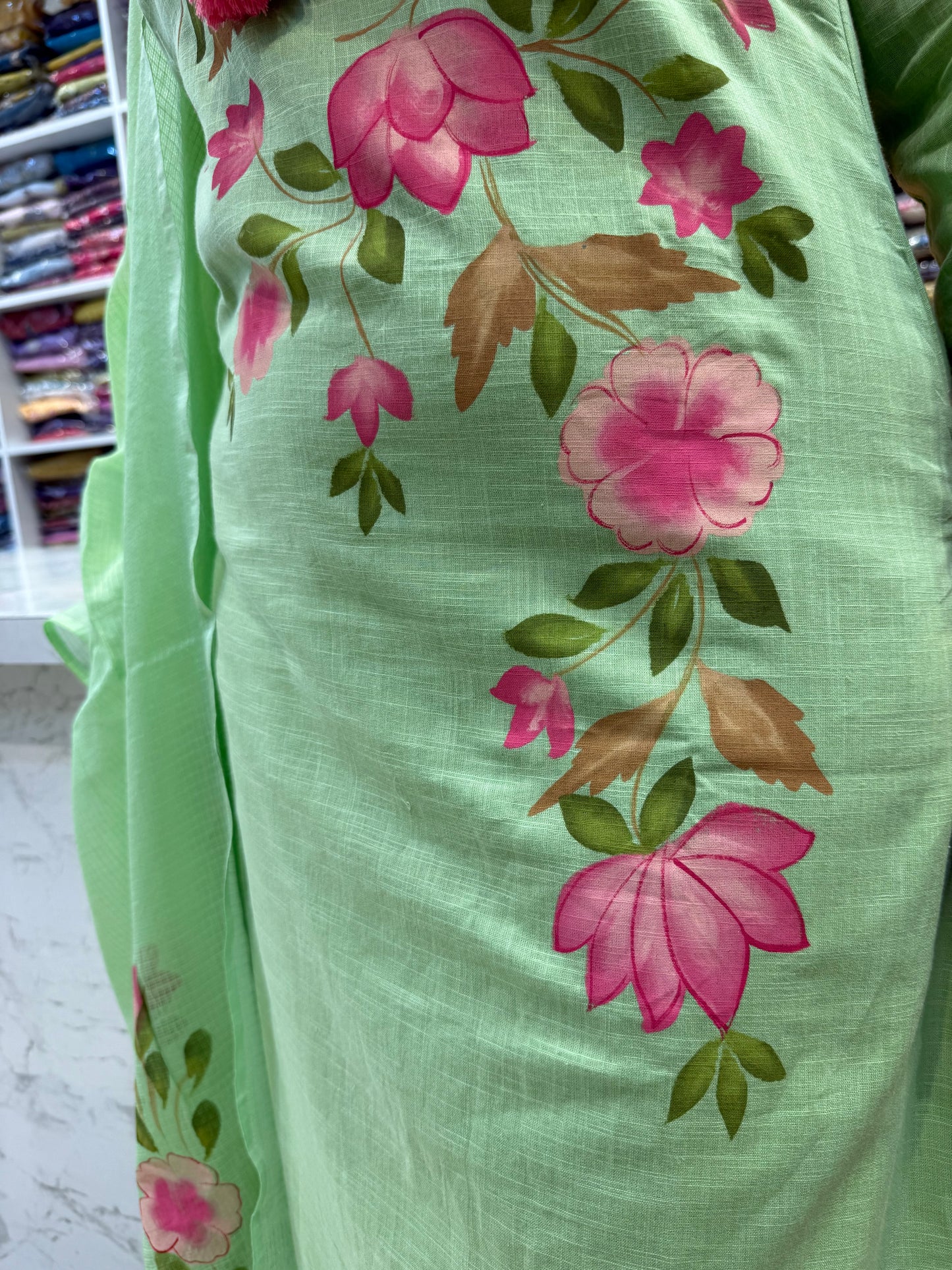 Green Hand Panited Green Kurti With Pant and Dupatta-HSC109