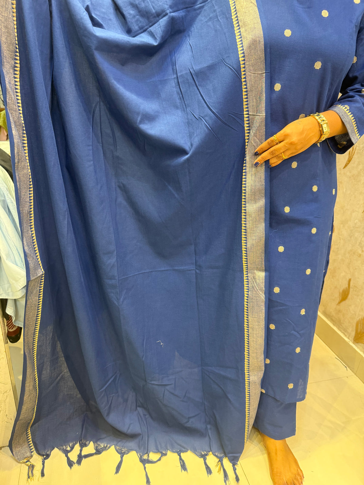 Ink Blue Zari Butta Pure Handloom Kurti With Pant and Dupatta -HSC1239