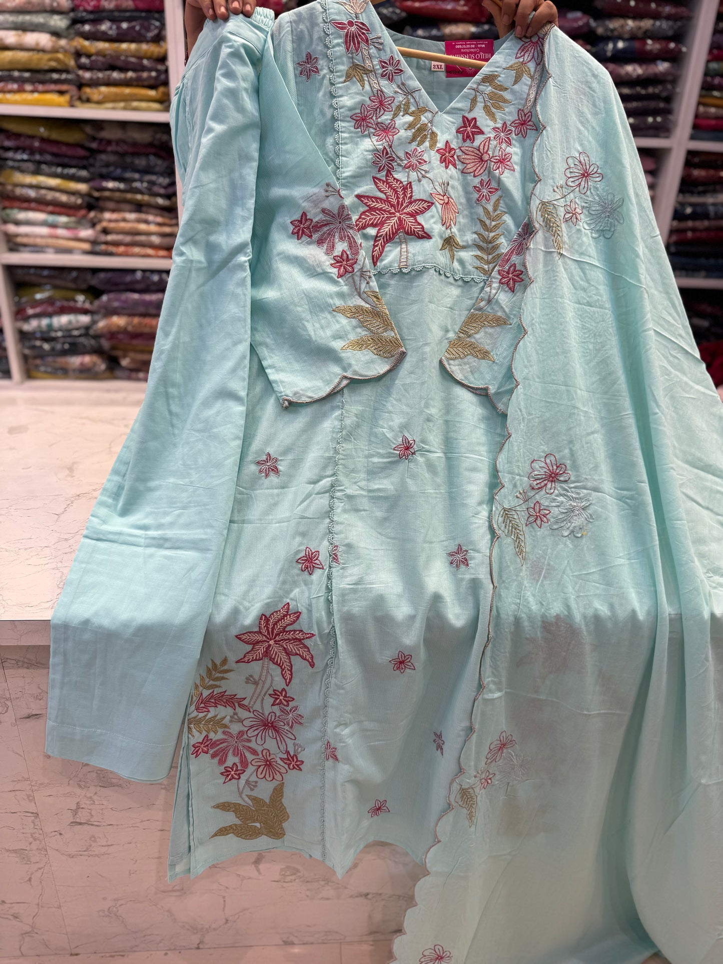 Pastel Blue Embroidery Pure Cotton Kurti With Pant and Scallop Cut Work Dupatta