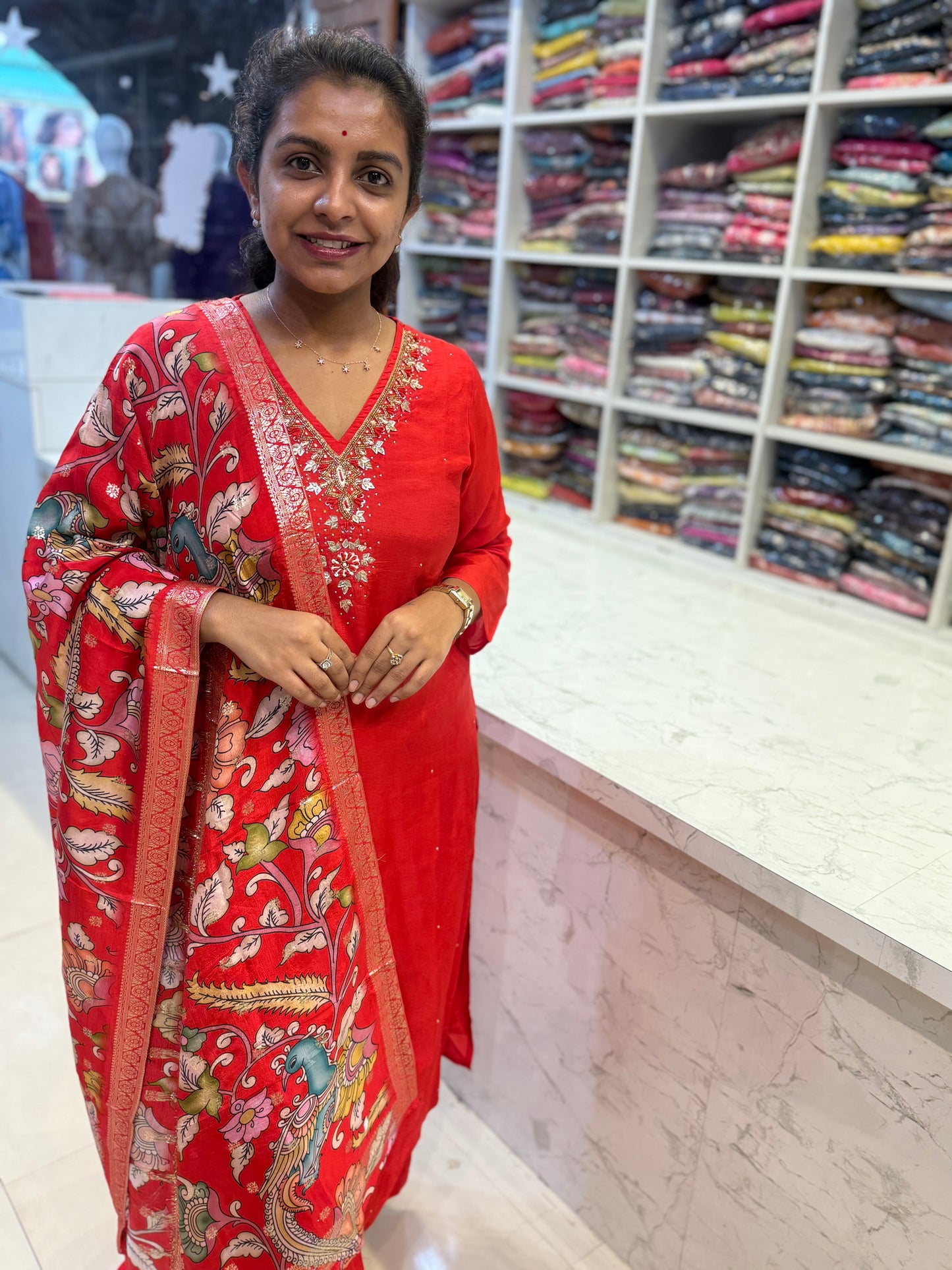 Red Dola Silk Printed Kalamkari Dupatta