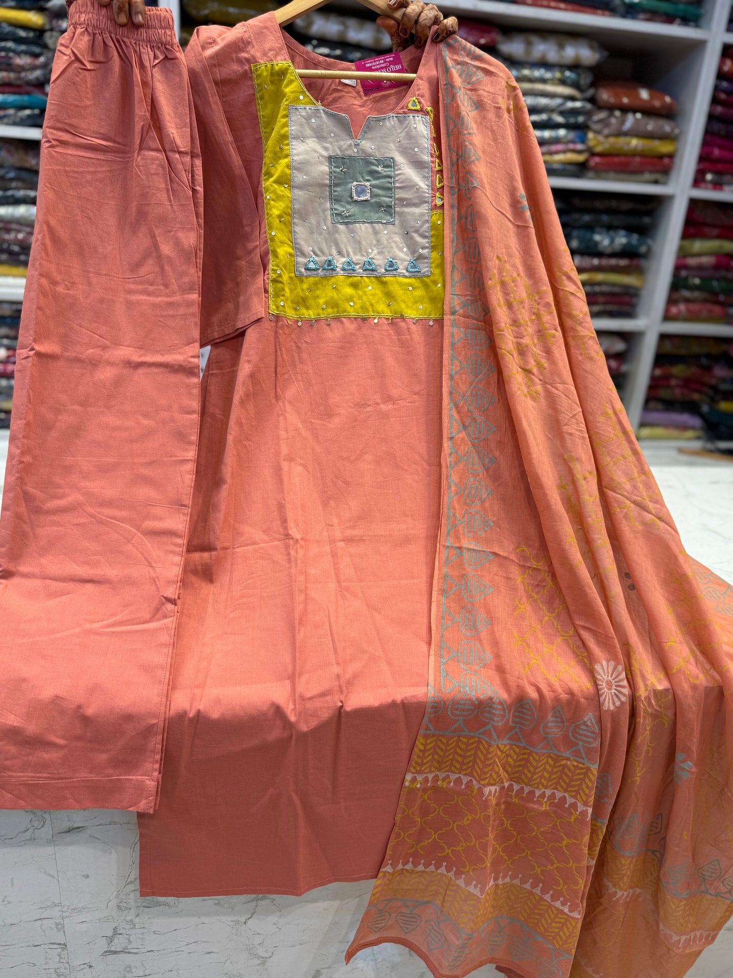 Peach Multi Colour Cotton Kurti With Pant and Dupatta