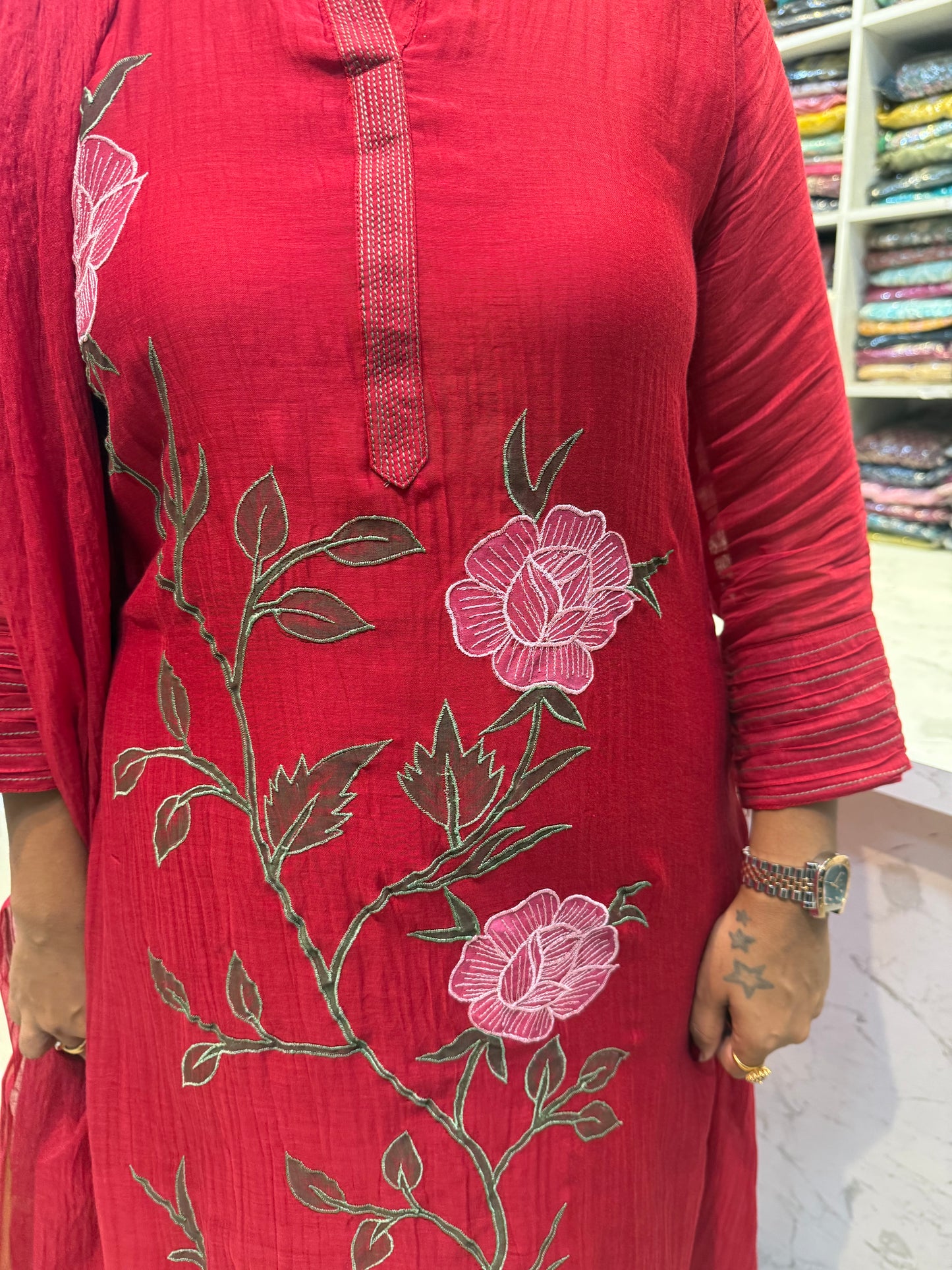 Red Pure Mul chanderi A-line salwar suit