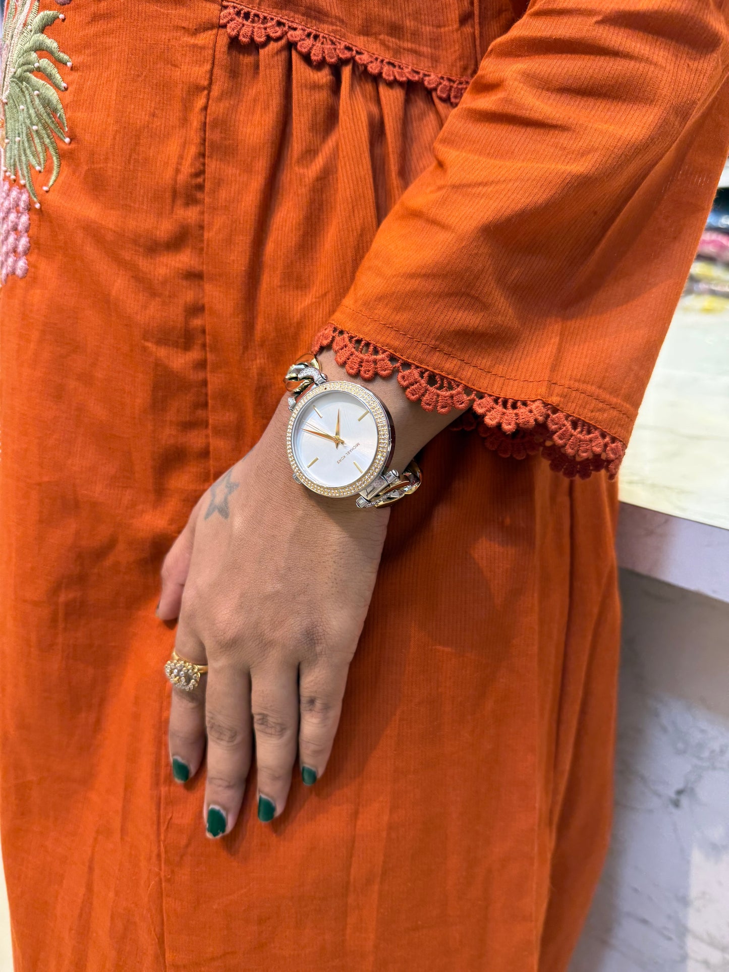 Rust Mul Cotton A- line Dress With Lace Detail