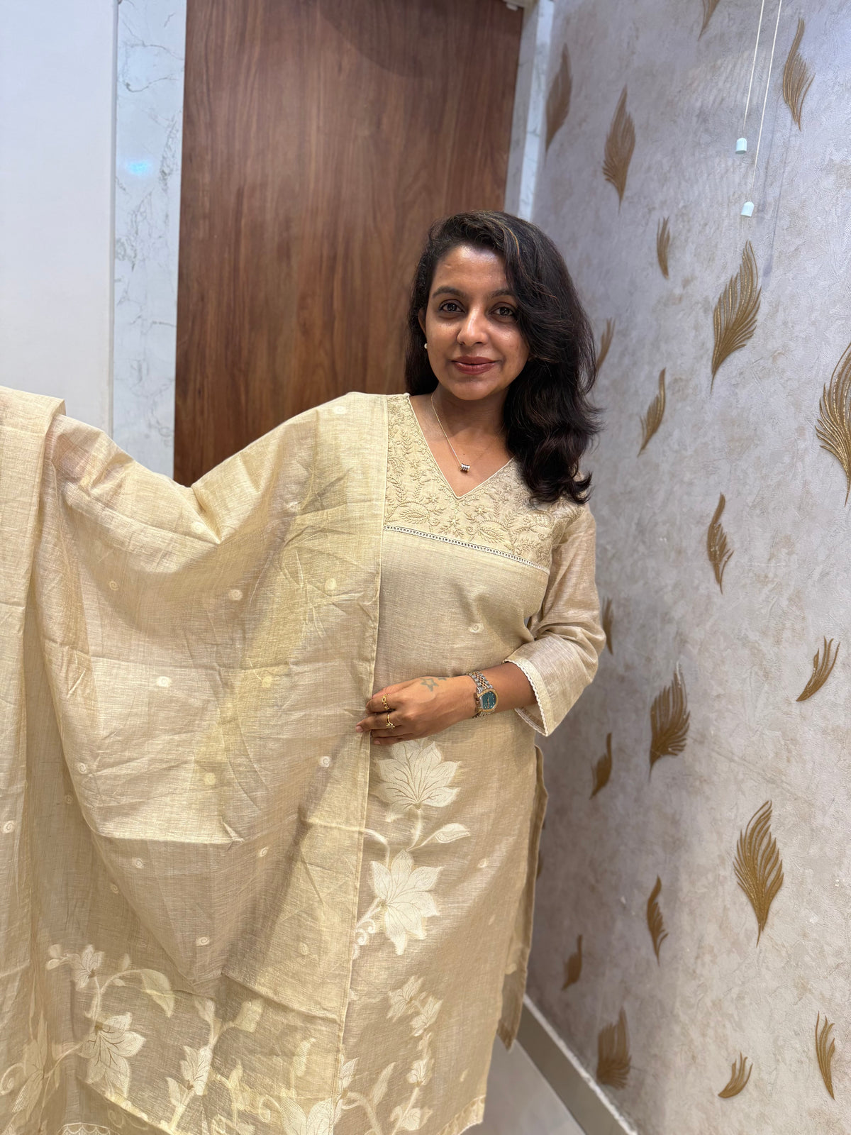 Pure Mul Chanderi Embroidery Kurti With Pant and Dupatta -HSC1318