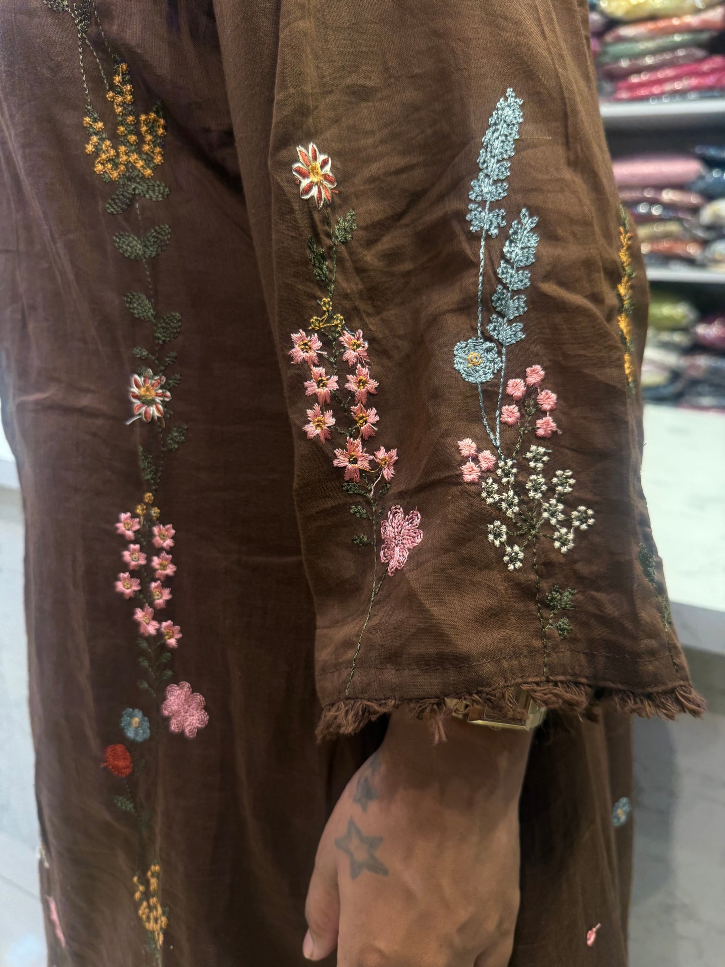 Brown Pure Mul Cotton Embroidered Kurti With Pant and Dupatta-HSC87