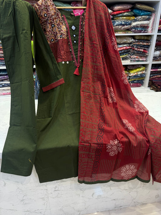 Patch Work Cotton Kurti With Pant and Constrast Dupatta