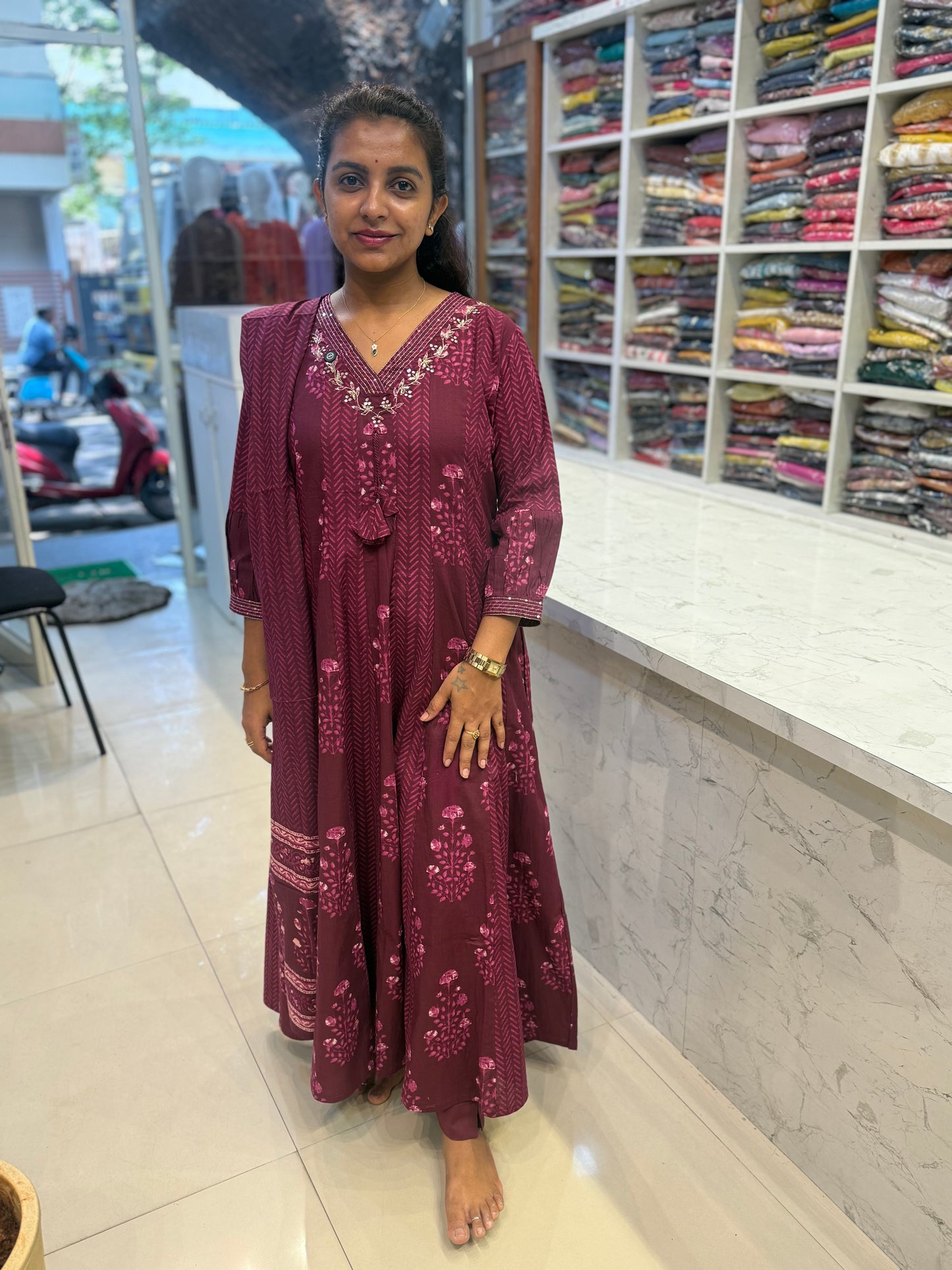 Wine Anarkali Pure Cotton Kurti With Pant and Dupatta-HSC106