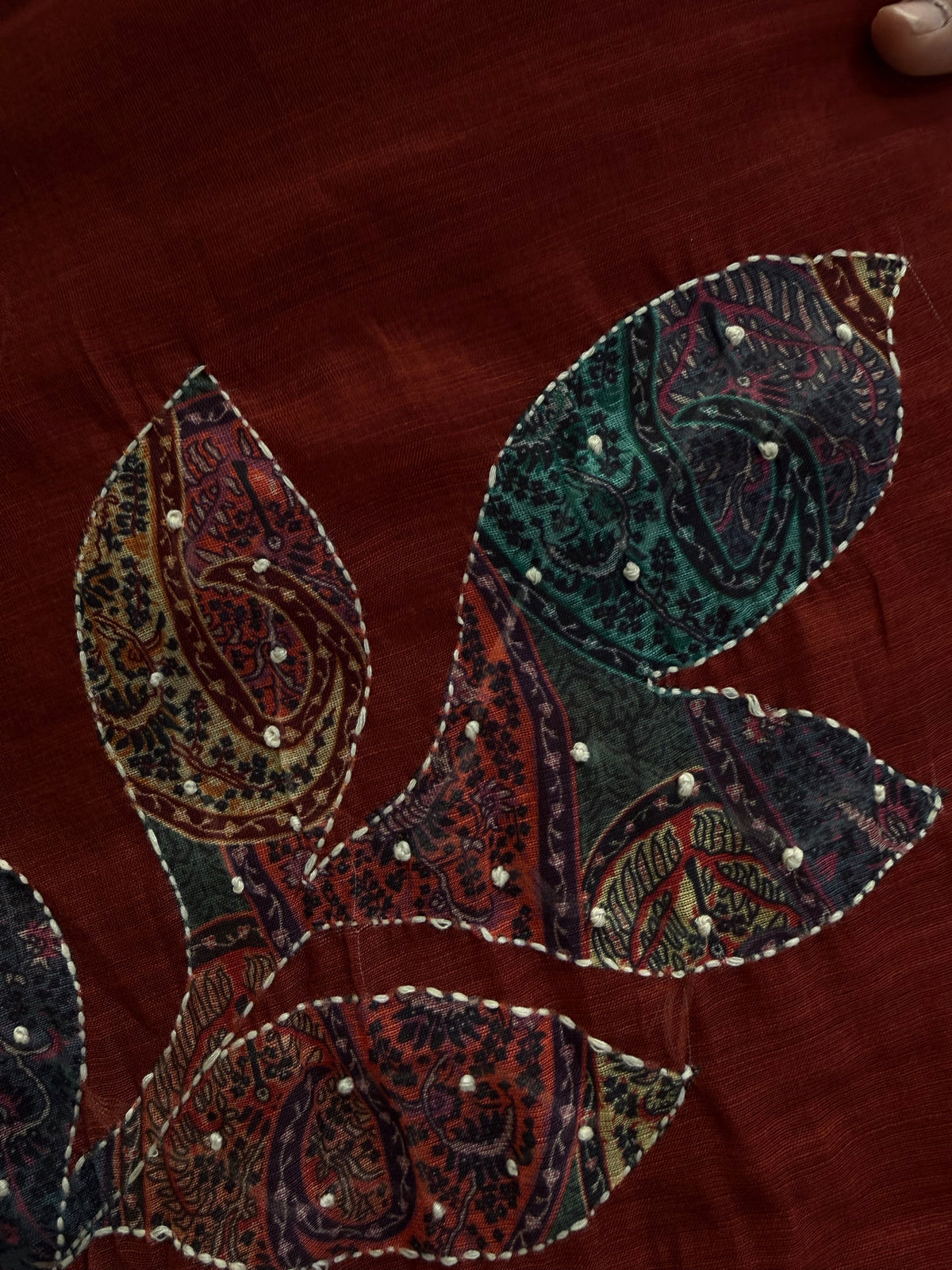 Marron Tissue Linen Katha Hand Embroidery Kurti With Pant and Dupatta -HSC1317