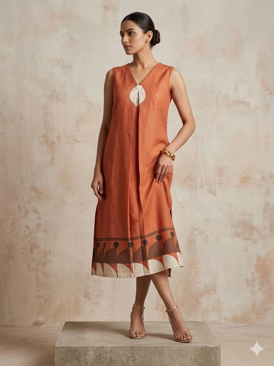 Rust Orange Pure Cotton Flex A-line Dress