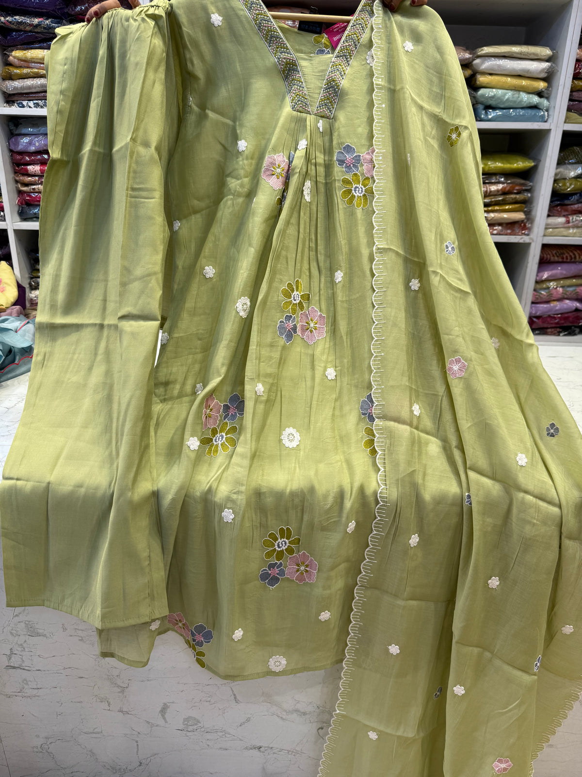Green Hand Embroidery Kurti With Pant and Scallop Cutwork Dupatta - HSC1189
