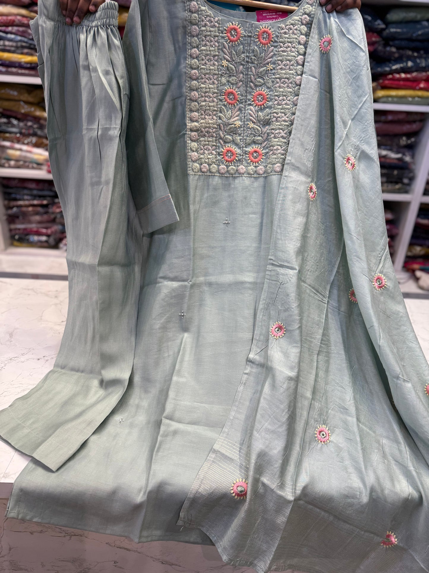 Pista Green Embroidery Kurti With Pant and Dupatta