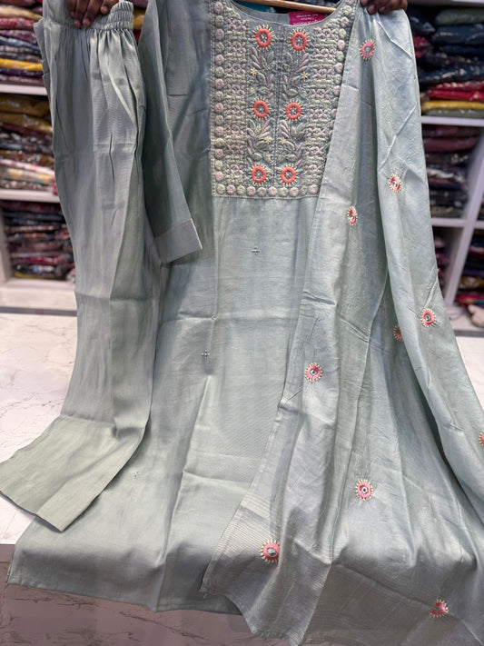Pista Green Embroidery Kurti With Pant and Dupatta