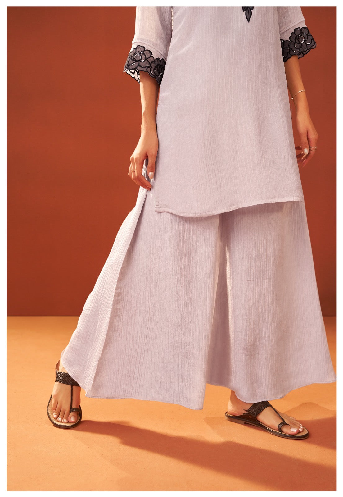 Shimmer Crush Thread Embroidery Kurti With Divider Pant with Scallop Dupatta-HSC155