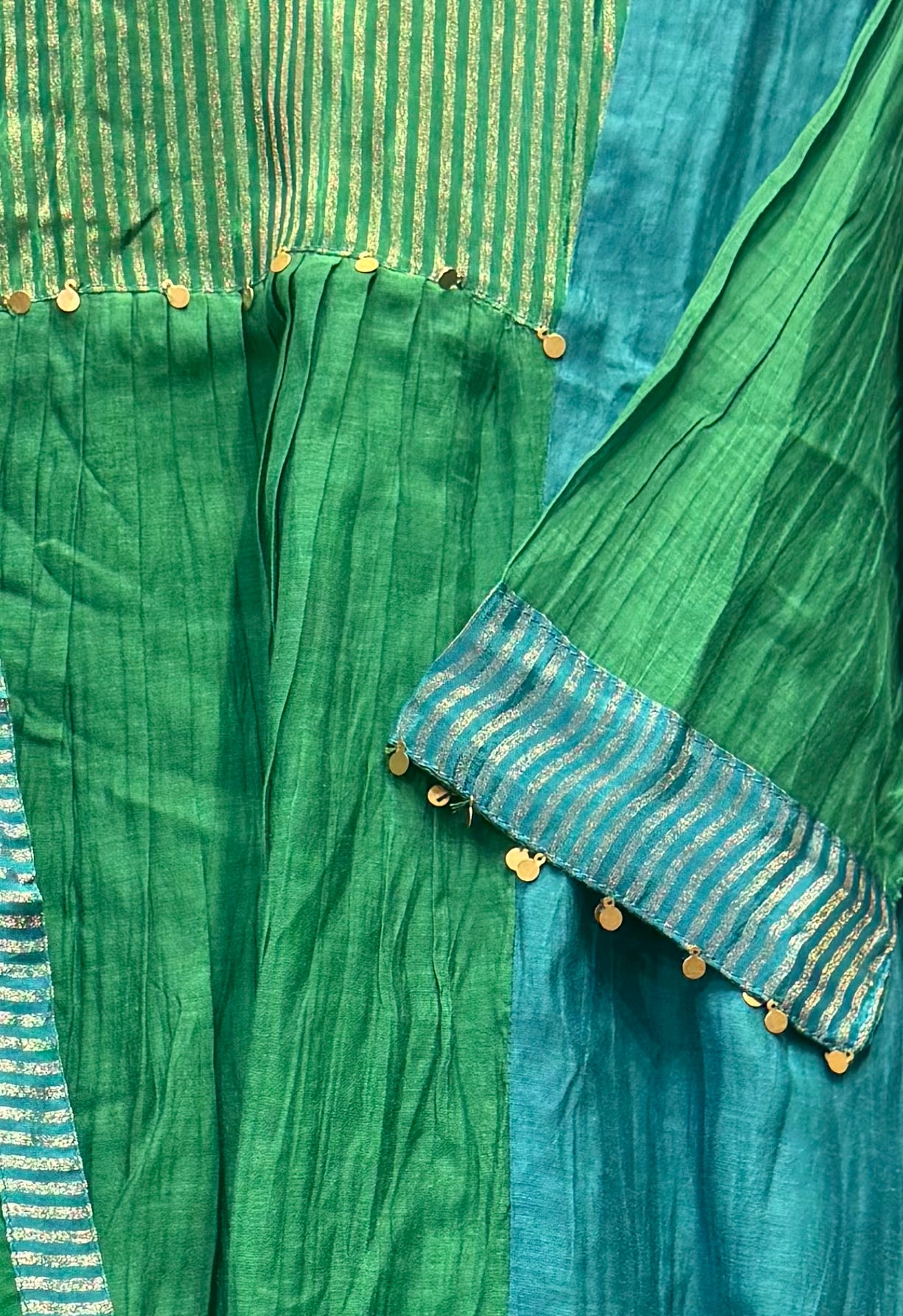 Green and Blue Pure Banarasi Mul Chanderi Kurti With Pant and Dupatta