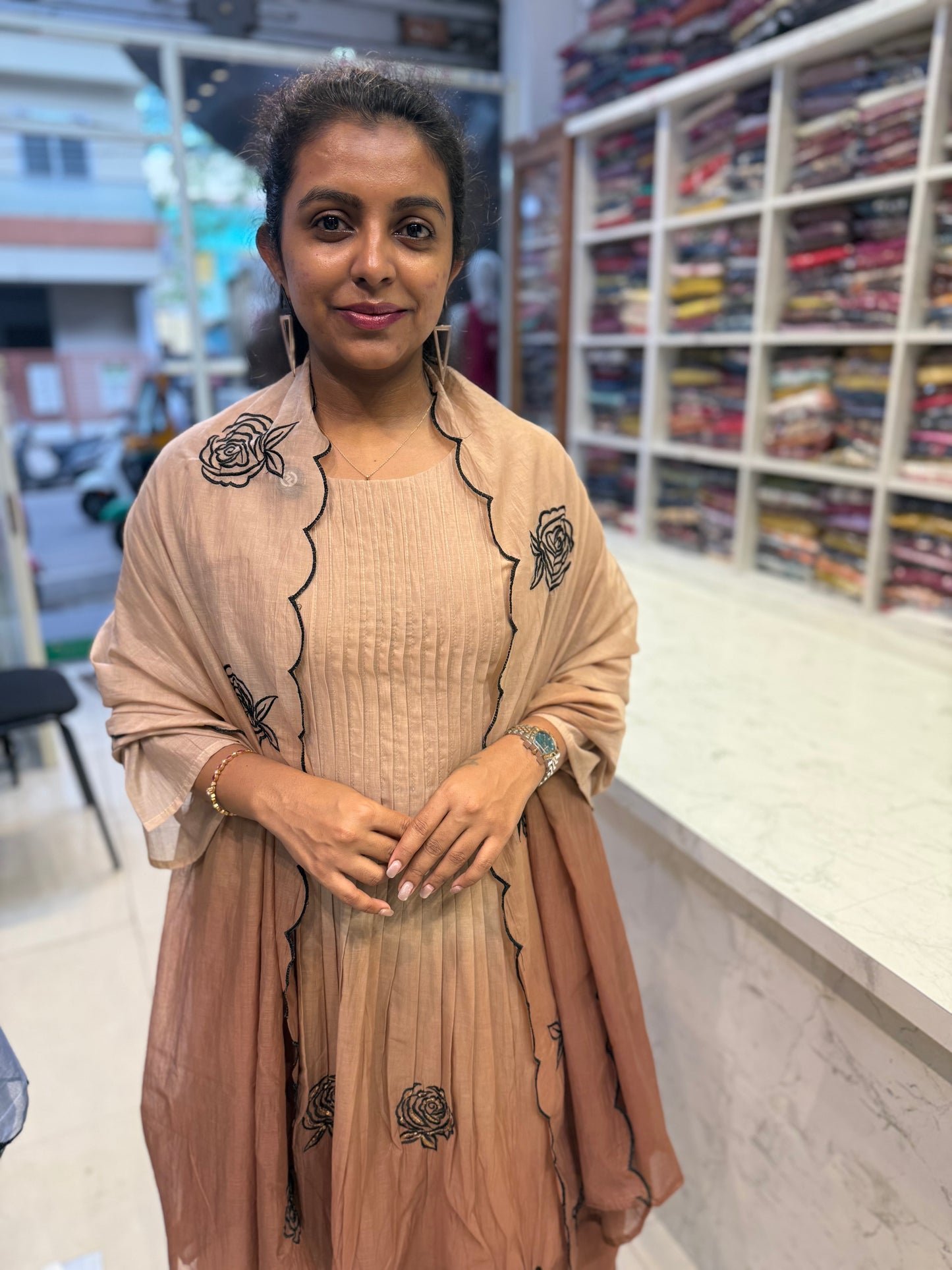 Ombre Brown Pure Mul Chanderi A-line Kurti With Pant and Dupatta
