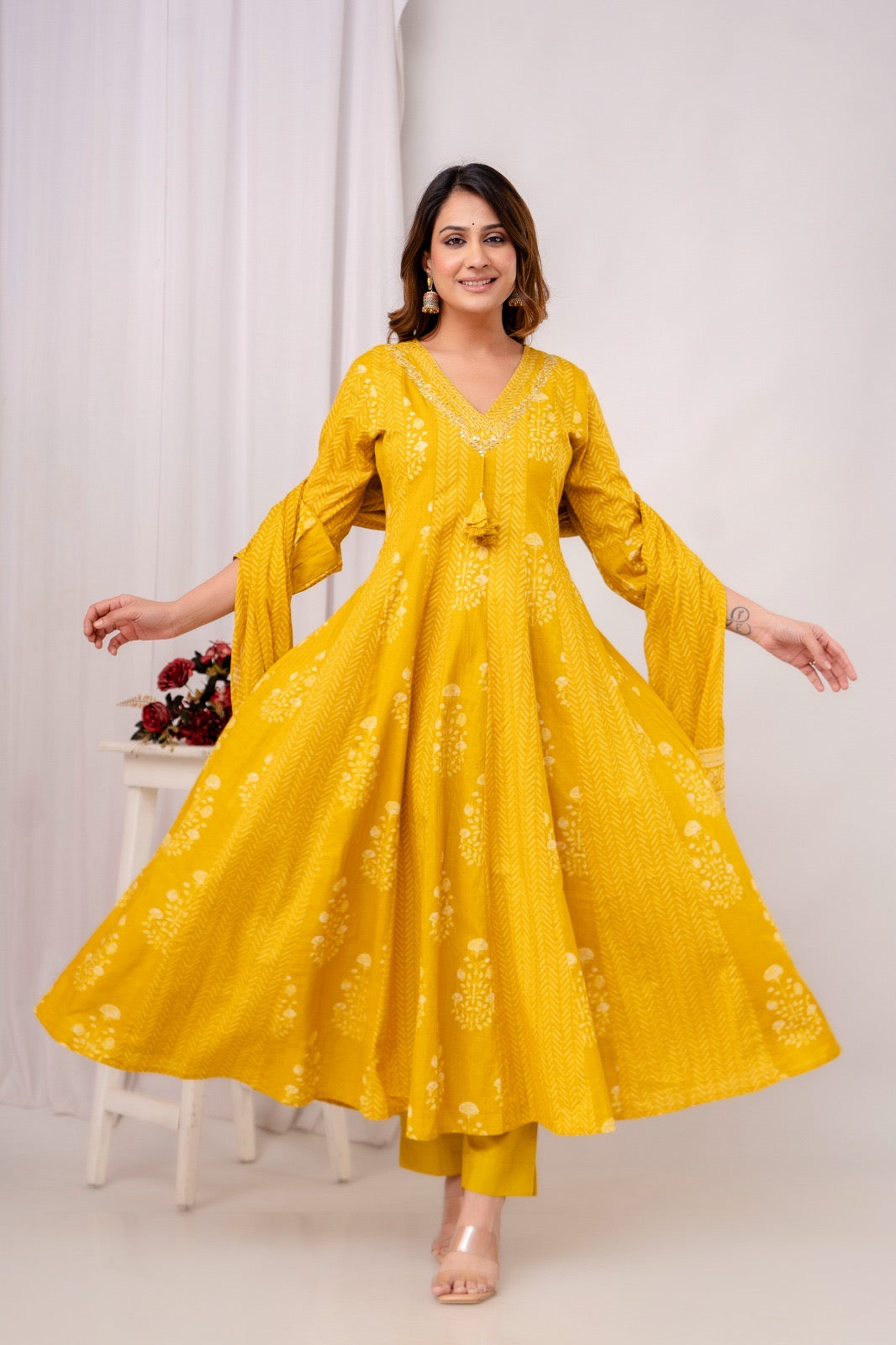 Mustard Anarkali Pure Cotton Kurti With Pant and Dupatta-HSC106