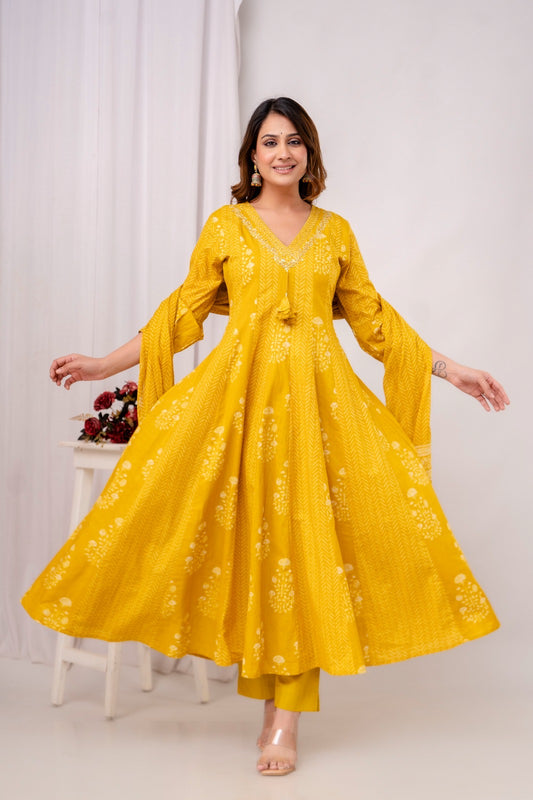 Mustard Anarkali Pure Cotton Kurti With Pant and Dupatta-HSC106