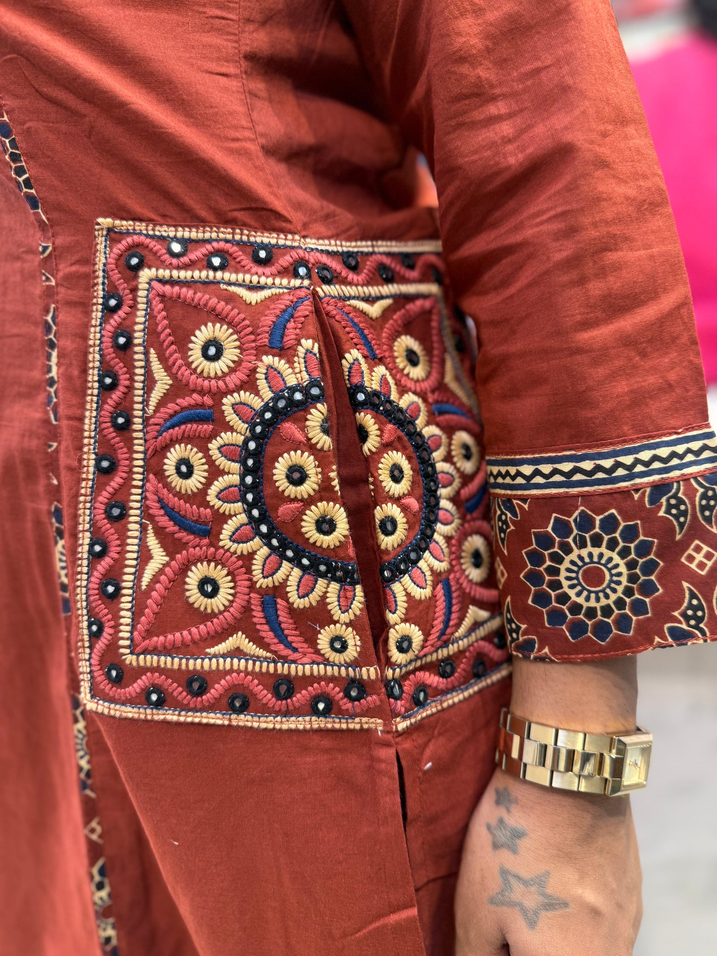Two sides Pockets Brown Cotton Embroidered Kurti With Pant and Dupatta