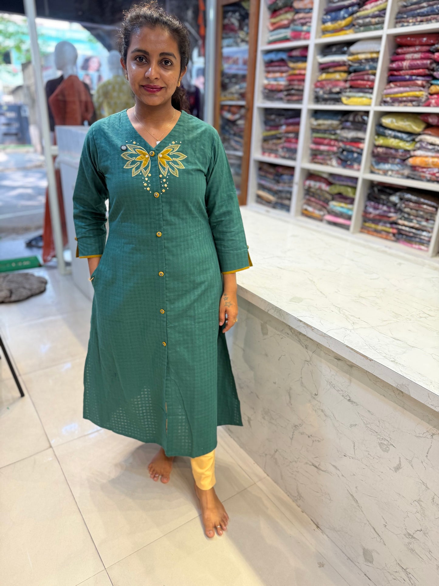 Teal Green Pure Cotton Flex Embroidery Kurti