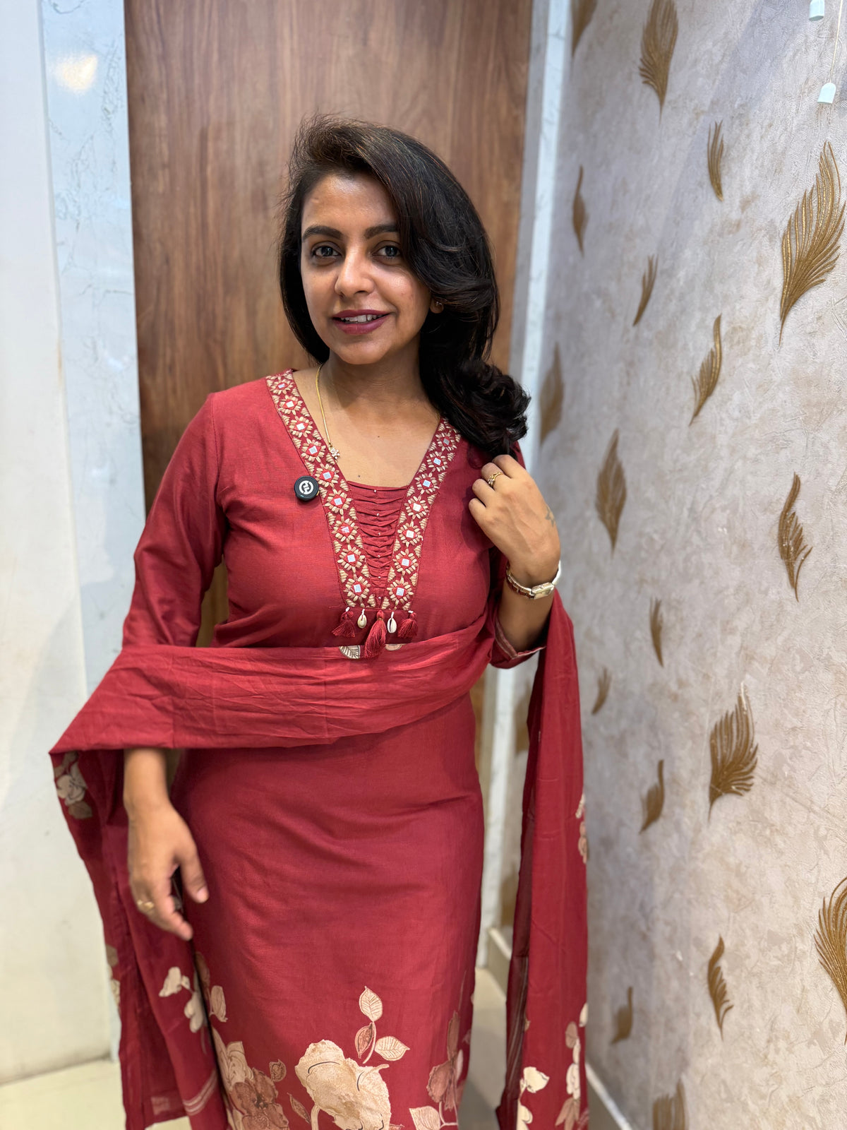 Marron Pure Cotton Flex Kurti With Pant and Dupatta -HSC1300