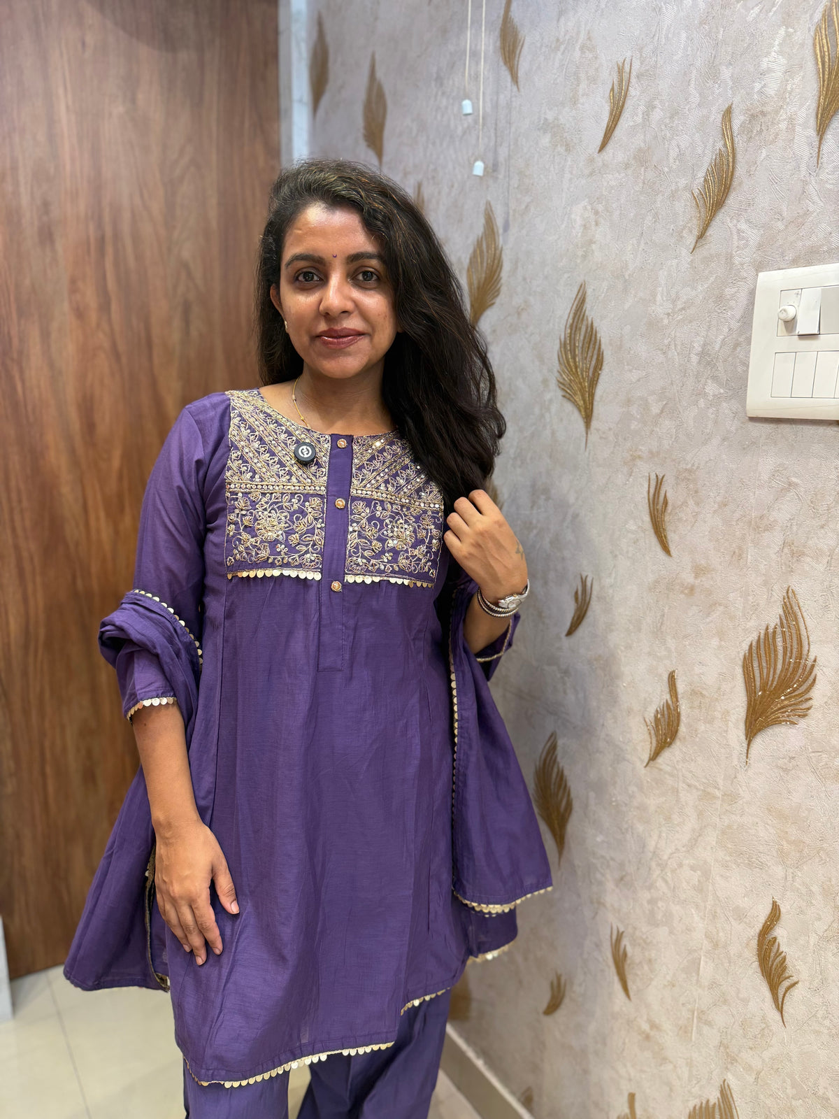 Purple Mul Chanderi Silk Embroidered Kurti With Plazoo Pant -HSC1298