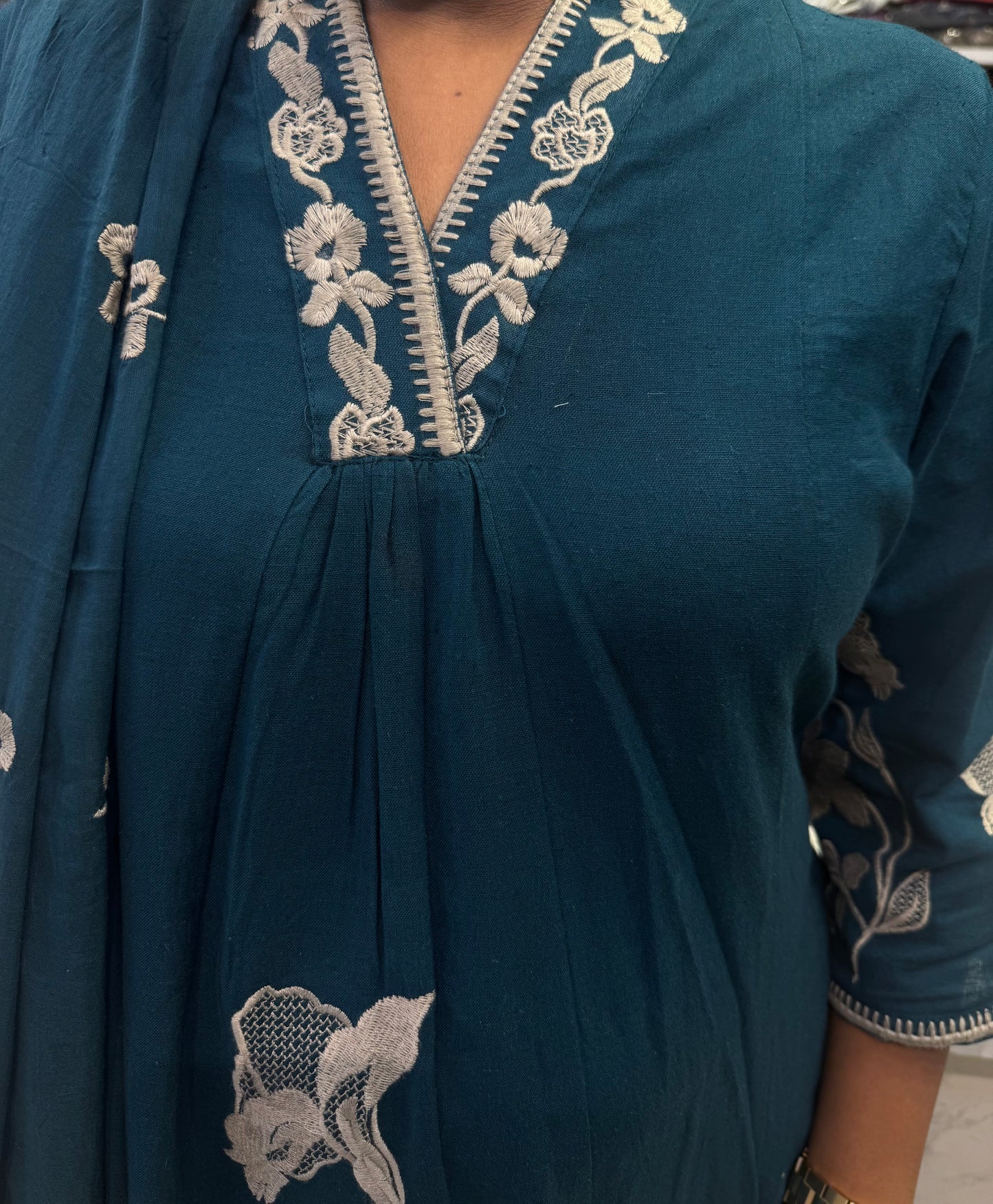 Teal Blue Cotton Flex Kurti With Pant and Dupatta