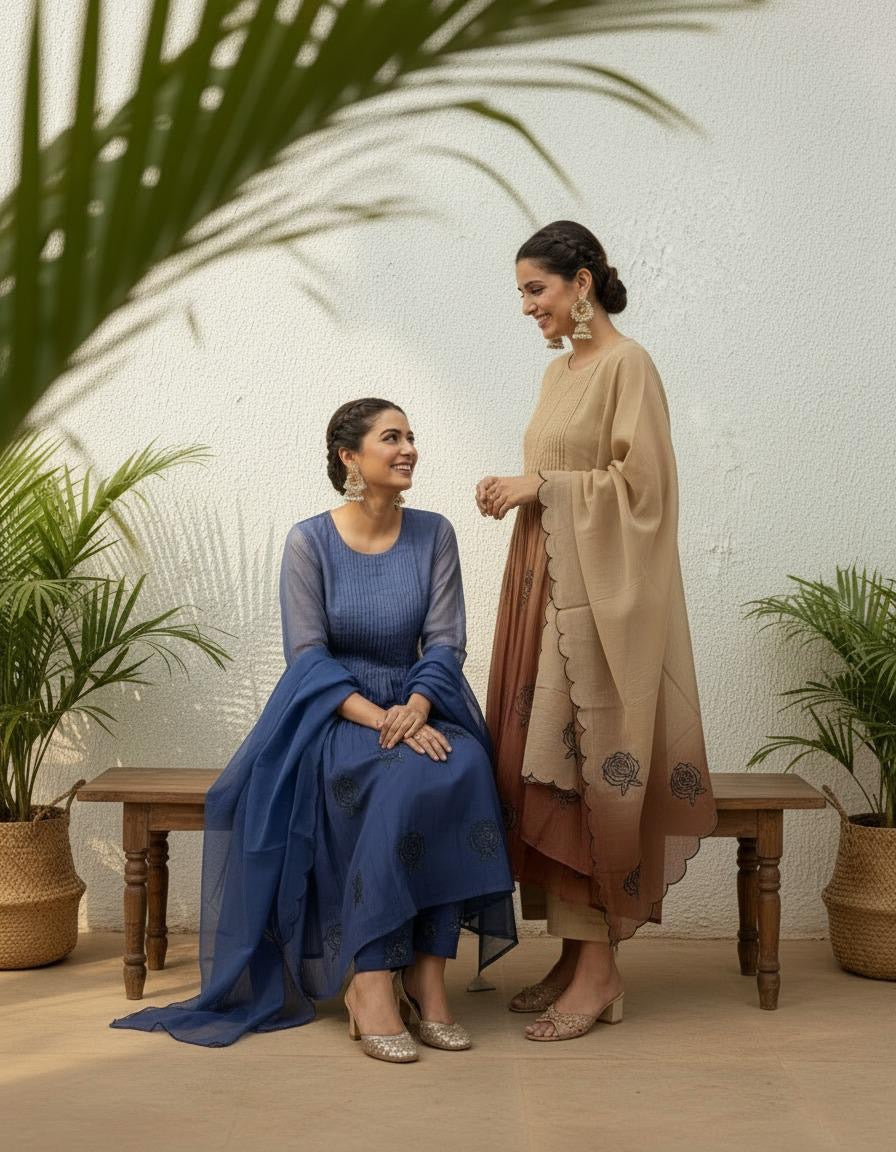 Ombre Blue Pure Mul Chanderi A-line Kurti With Pant and Dupatta