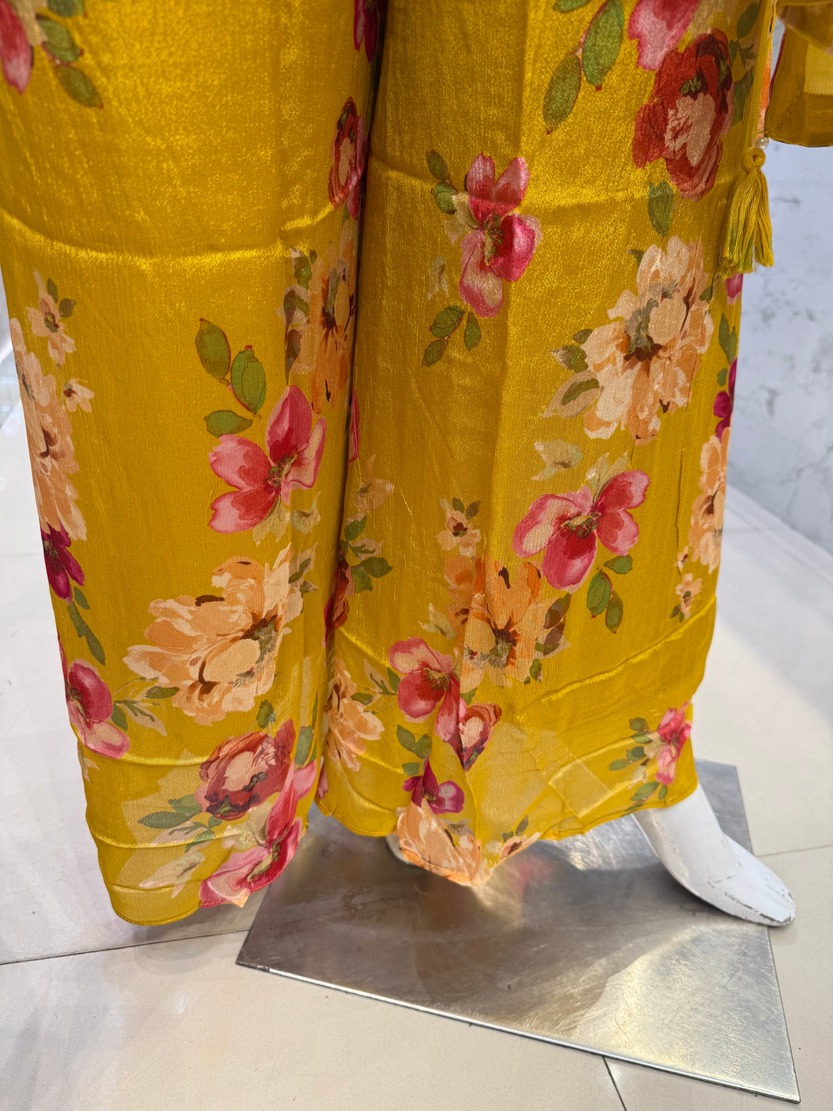 Mustard Yellow Floral Pure Chiffon Kurti With Pant-HSC1229