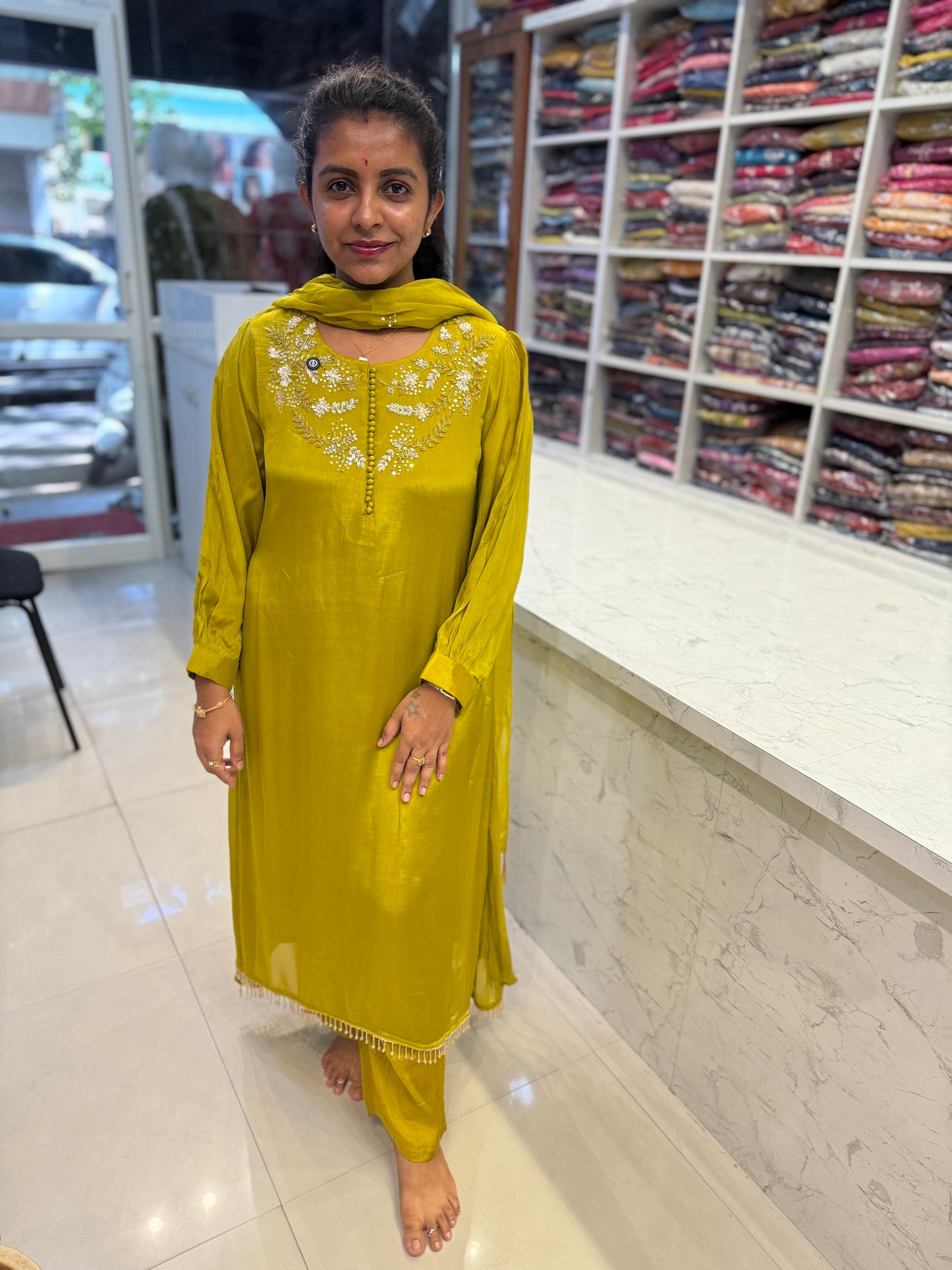Green Pure Chinnon Handwork Kurti With Pant and Dupatta-HSC37