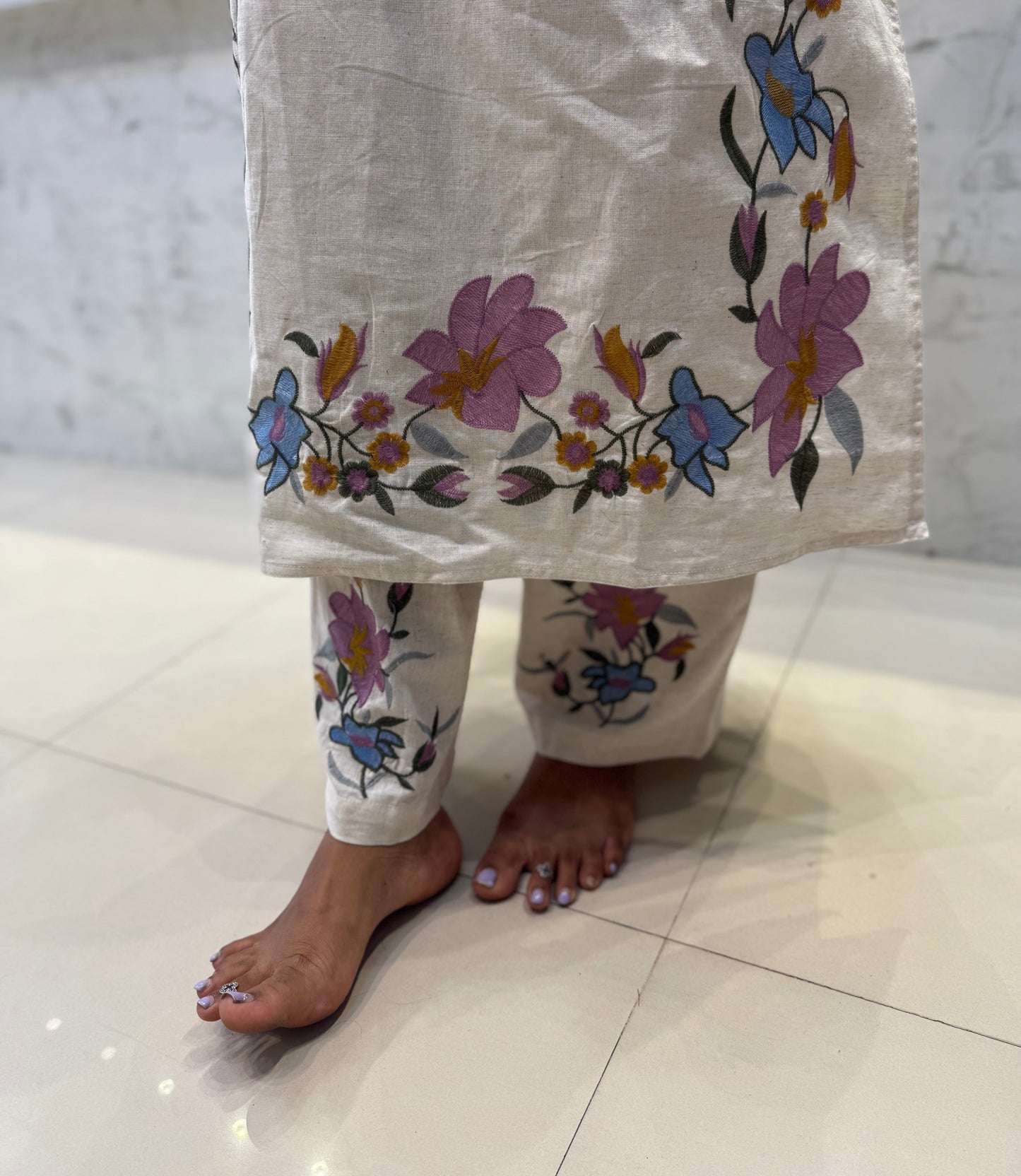 Half white Cotton Flex Embroidery Kurti With Pant and Dupatta