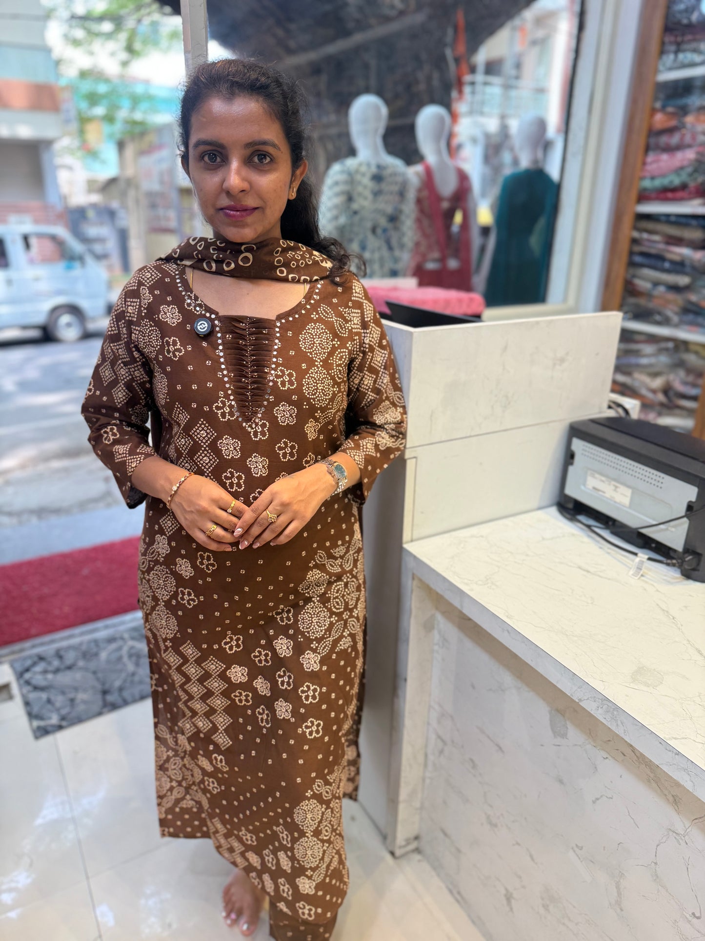 Brown Bandini Cotton Kurti With Pant and Dupatta-HSC124