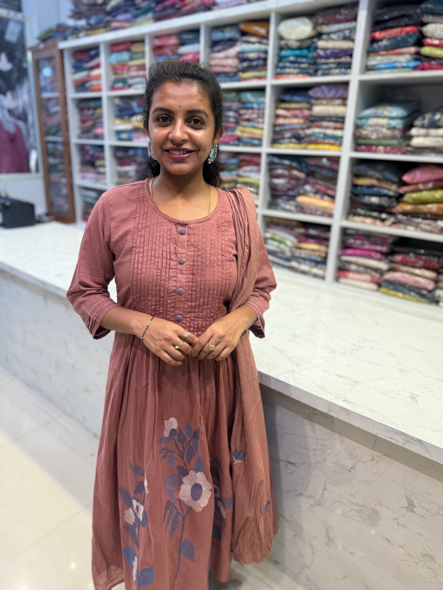 Mauve Mul Cotton A-line Cotton Kurti With Pant and Dupatta