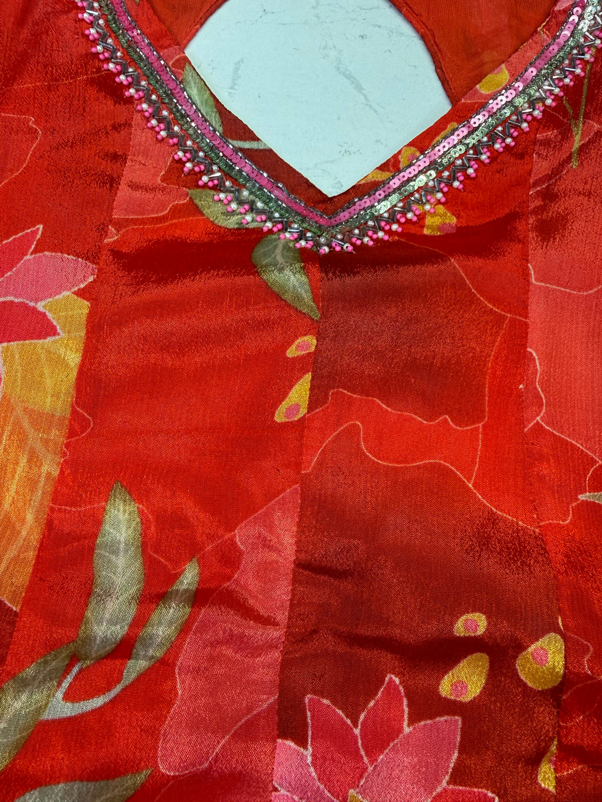 Pure Chinnon Red Anarkali Printed A-line Kurti With Pant and Dupatta -HSC1293