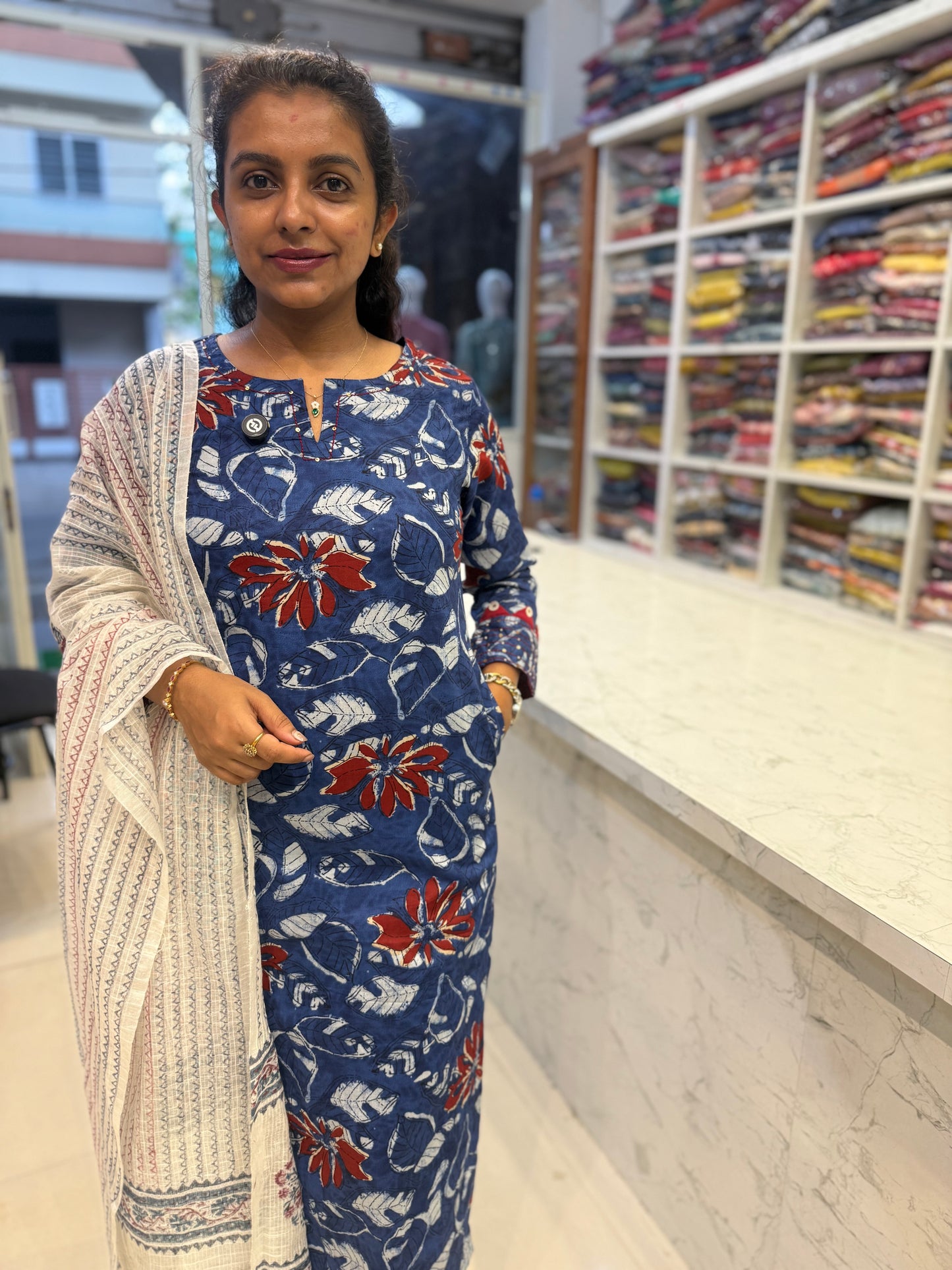 Indigo Floral Printed Hand Embroidered Kurti With Pant and Dupatta